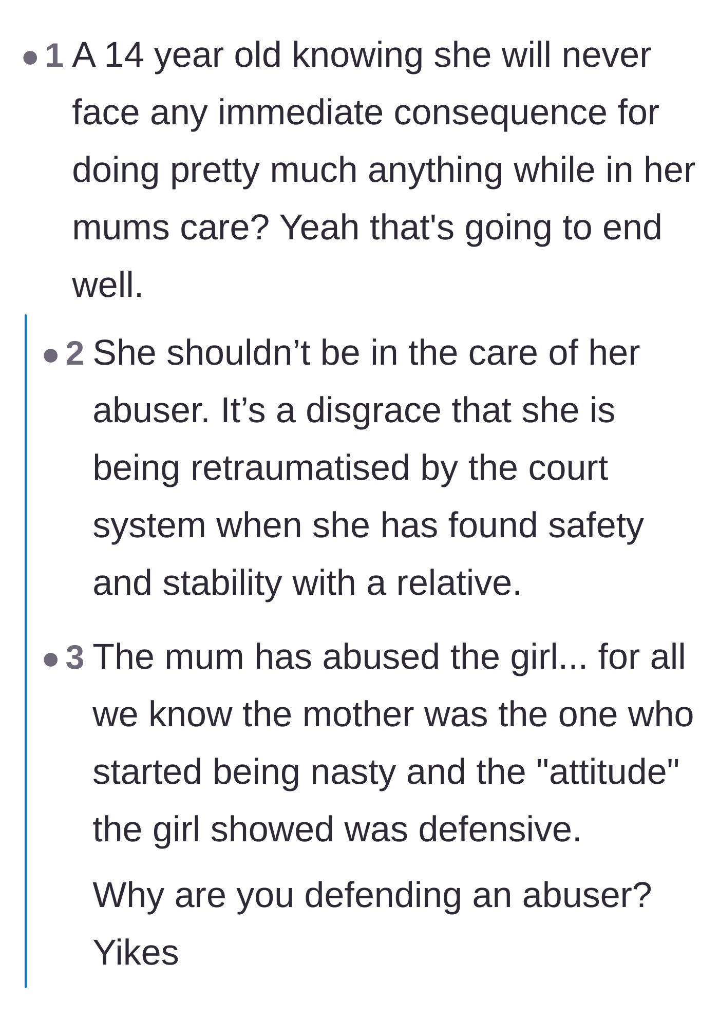 Comment thread 6 - A discussion on whether the mother has the right to punish a teenager's attitude during visits meant for rebuilding trust