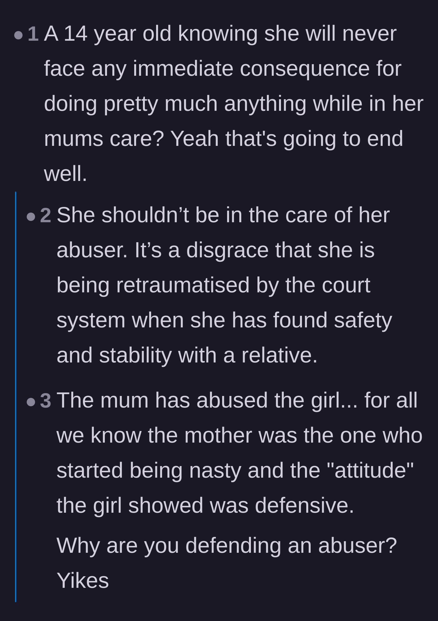 Comment thread 6 - A discussion on whether the mother has the right to punish a teenager's attitude during visits meant for rebuilding trust