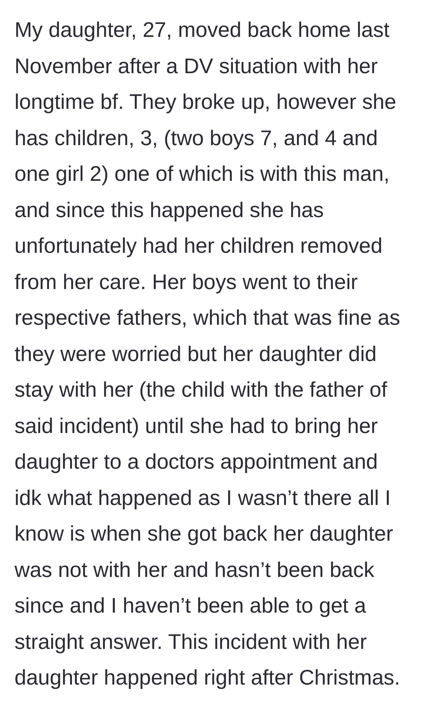 Story part 2 - Daughter loses custody of her three children, with the youngest removed after a mysterious doctor's appointment.