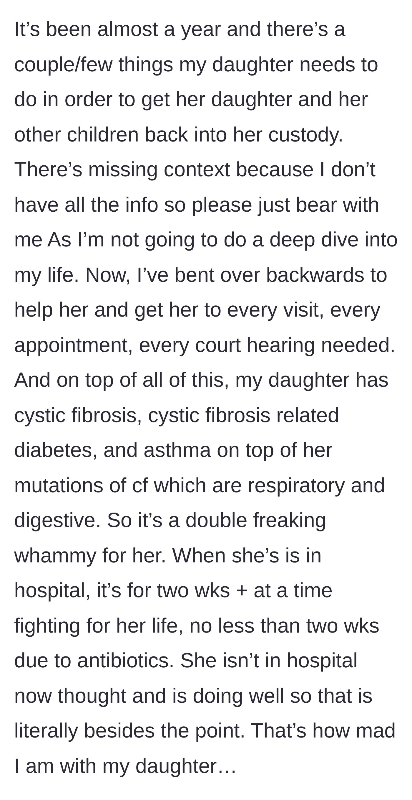 Story part 3 - Mother explains her daughter's severe and exhausting health battles with Cystic Fibrosis.