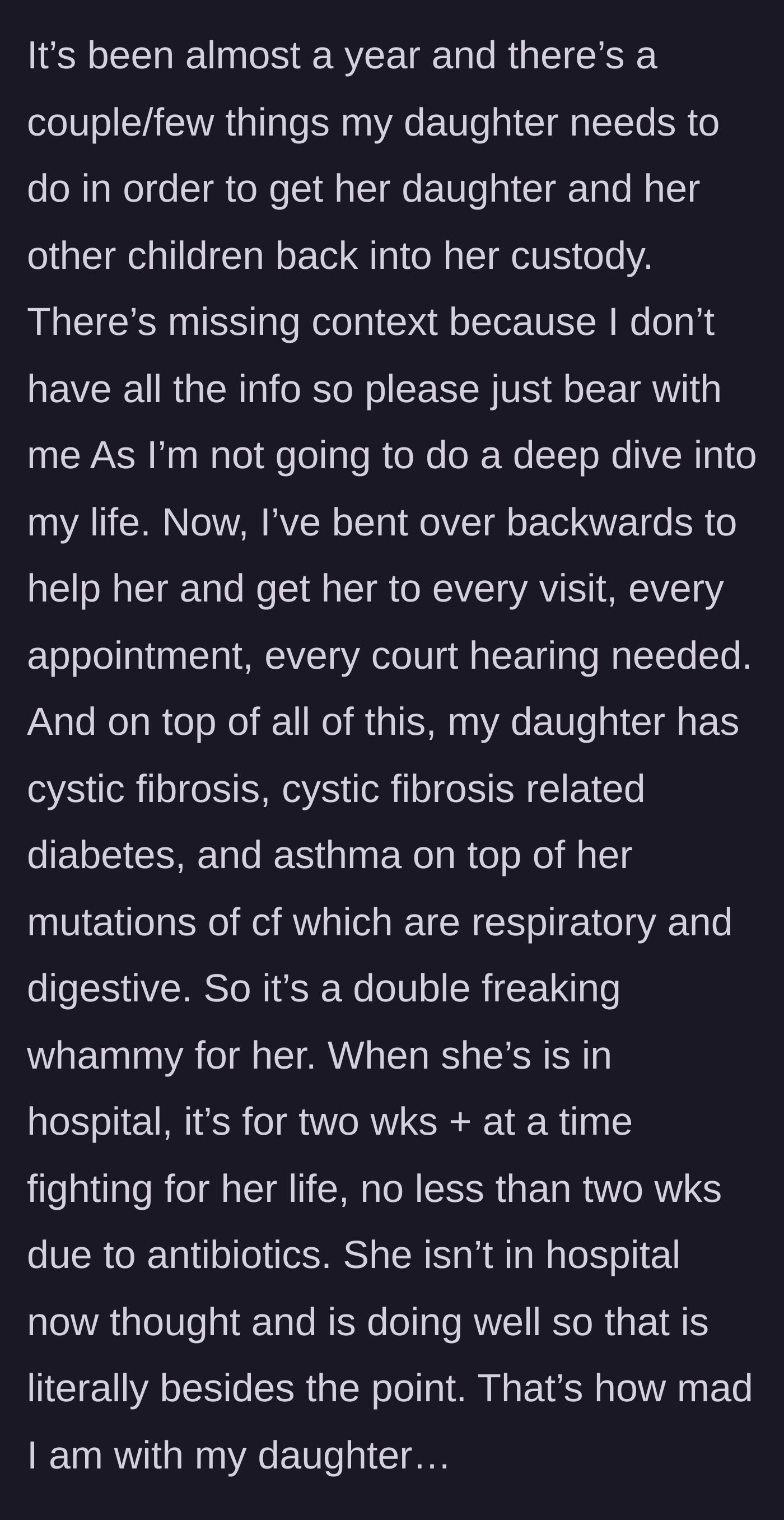 Story part 3 - Mother explains her daughter's severe and exhausting health battles with Cystic Fibrosis.