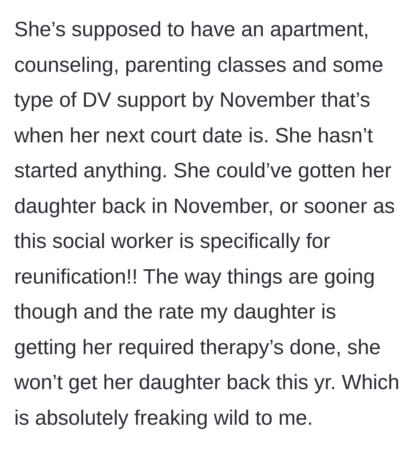 Story part 7 - A court deadline looms in November with zero requirements actually met by the daughter.