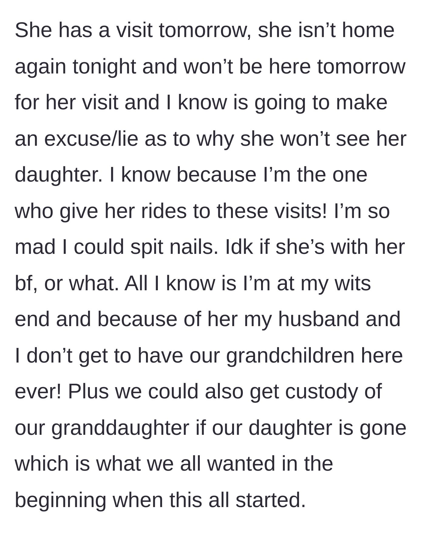 Story part 9 - Mother anticipates yet another fabricated excuse for a missed custody visit tomorrow.