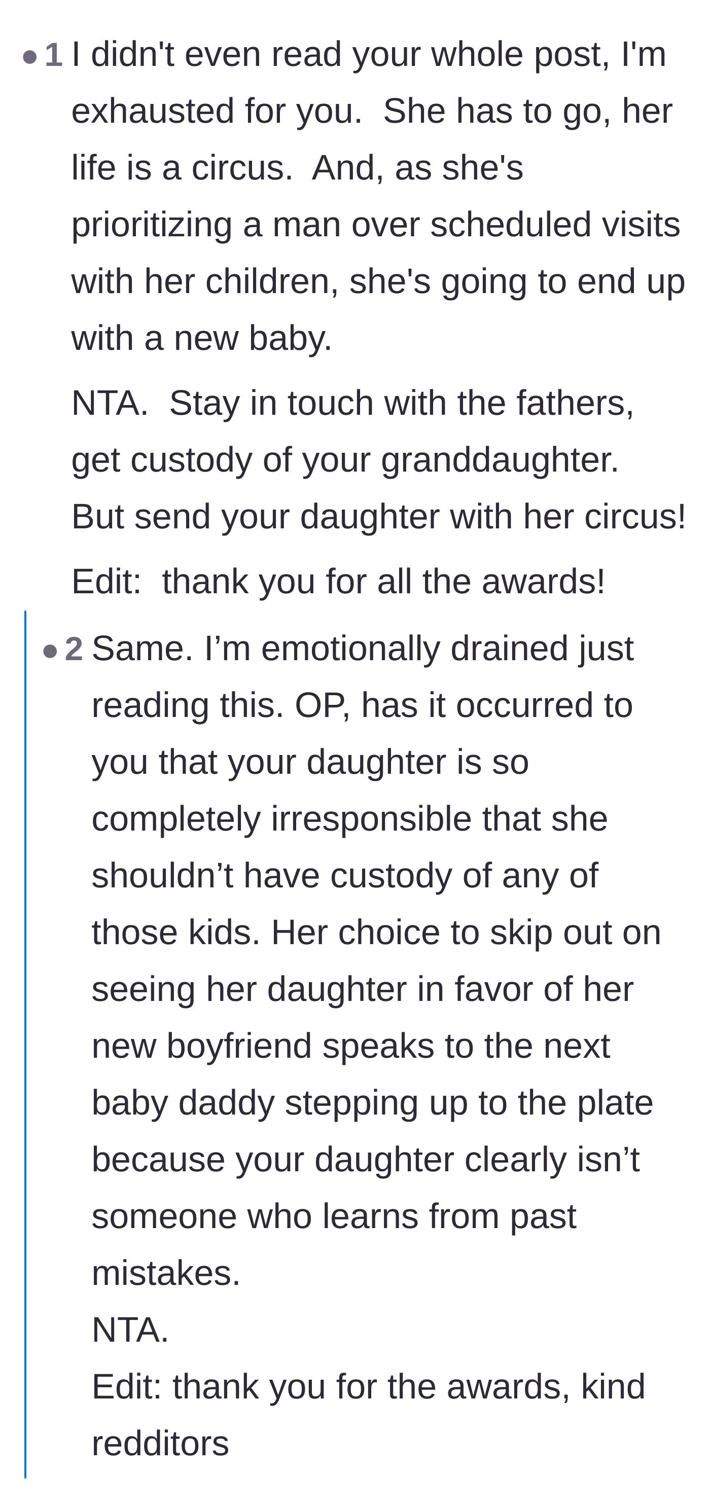 Readers debating the daughter's irresponsible choices and agreeing that the grandparents should prioritize gaining custody of the granddaughter.