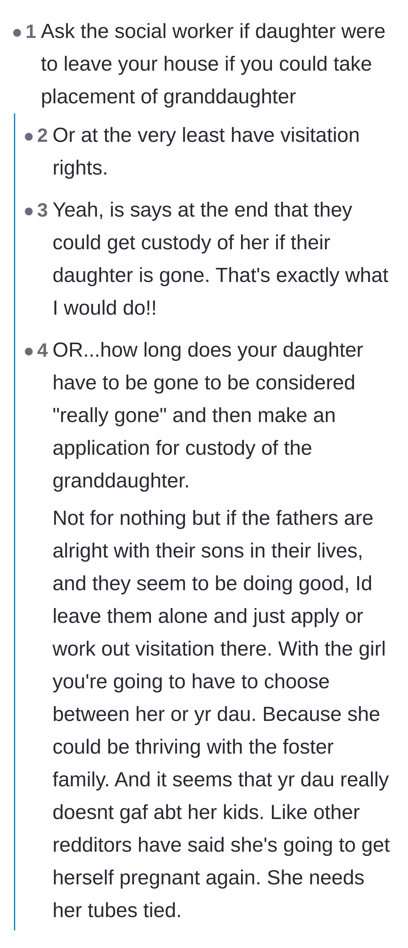 Commenters strategizing on how the grandparents can legally secure custody of the toddler once the daughter is evicted.
