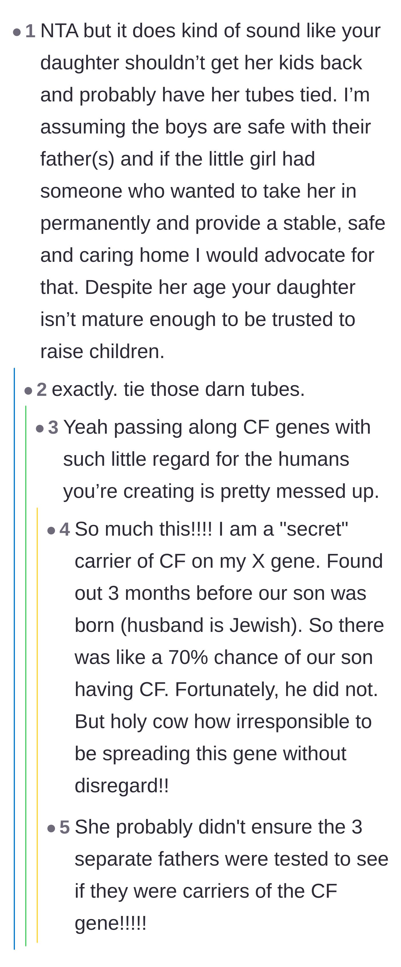 A thread heavily critiquing the daughter's reckless disregard for the genetic consequences of passing on Cystic Fibrosis.
