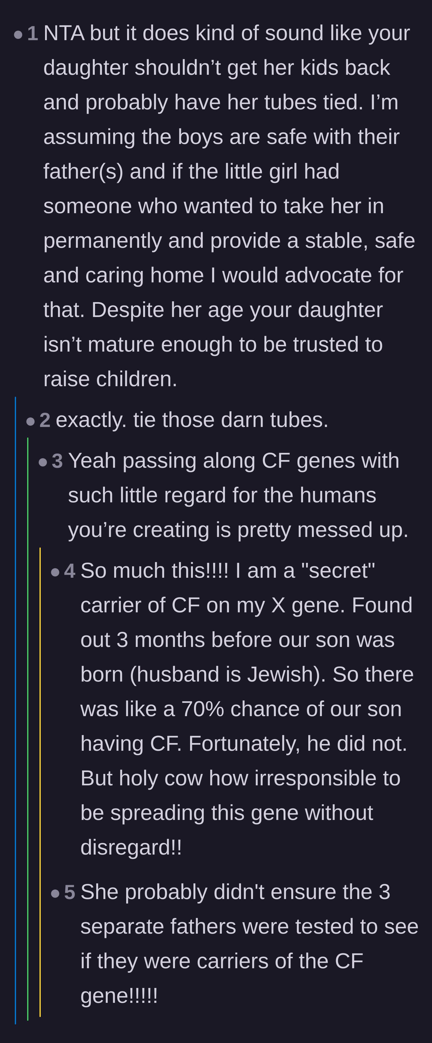 A thread heavily critiquing the daughter's reckless disregard for the genetic consequences of passing on Cystic Fibrosis.