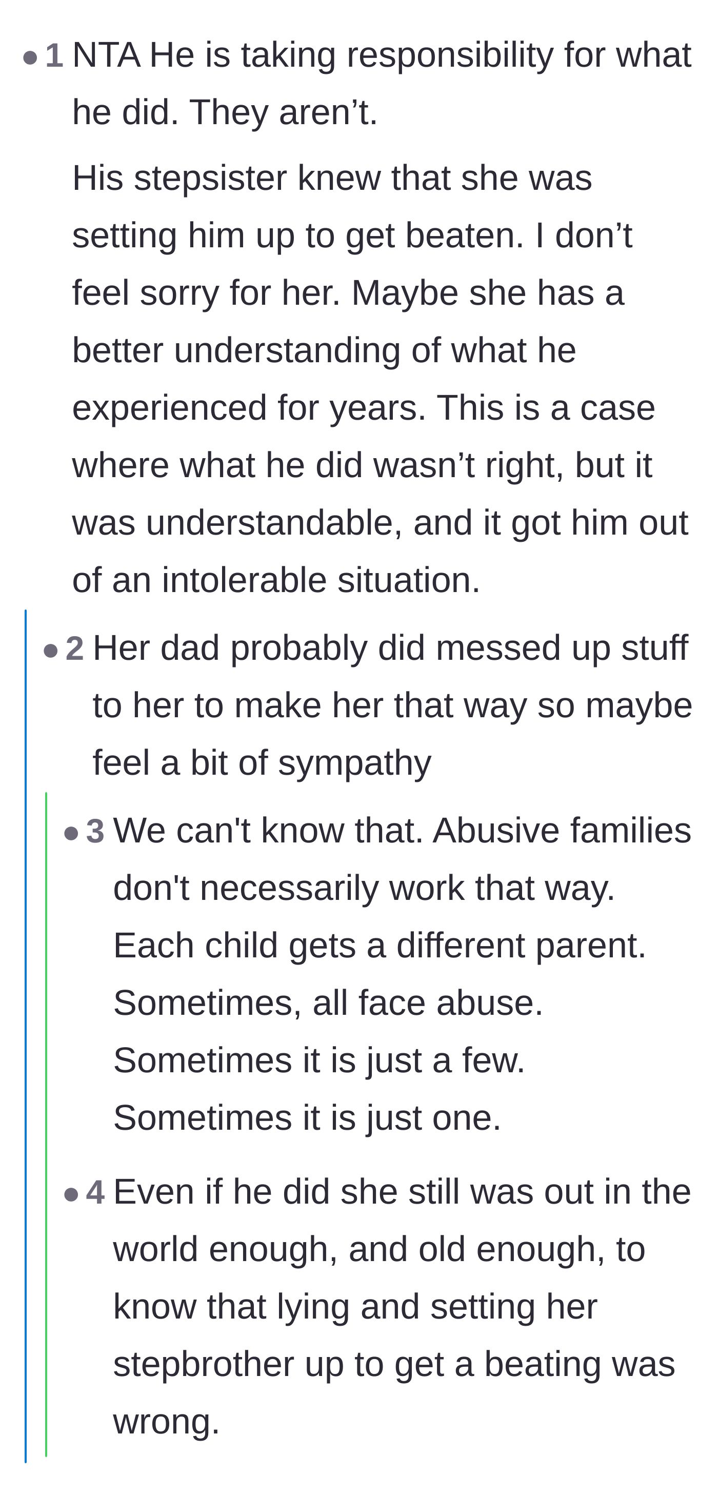 Comment thread 4 - Discussing the stepsister's cruel manipulation and whether her own upbringing excuses her behavior