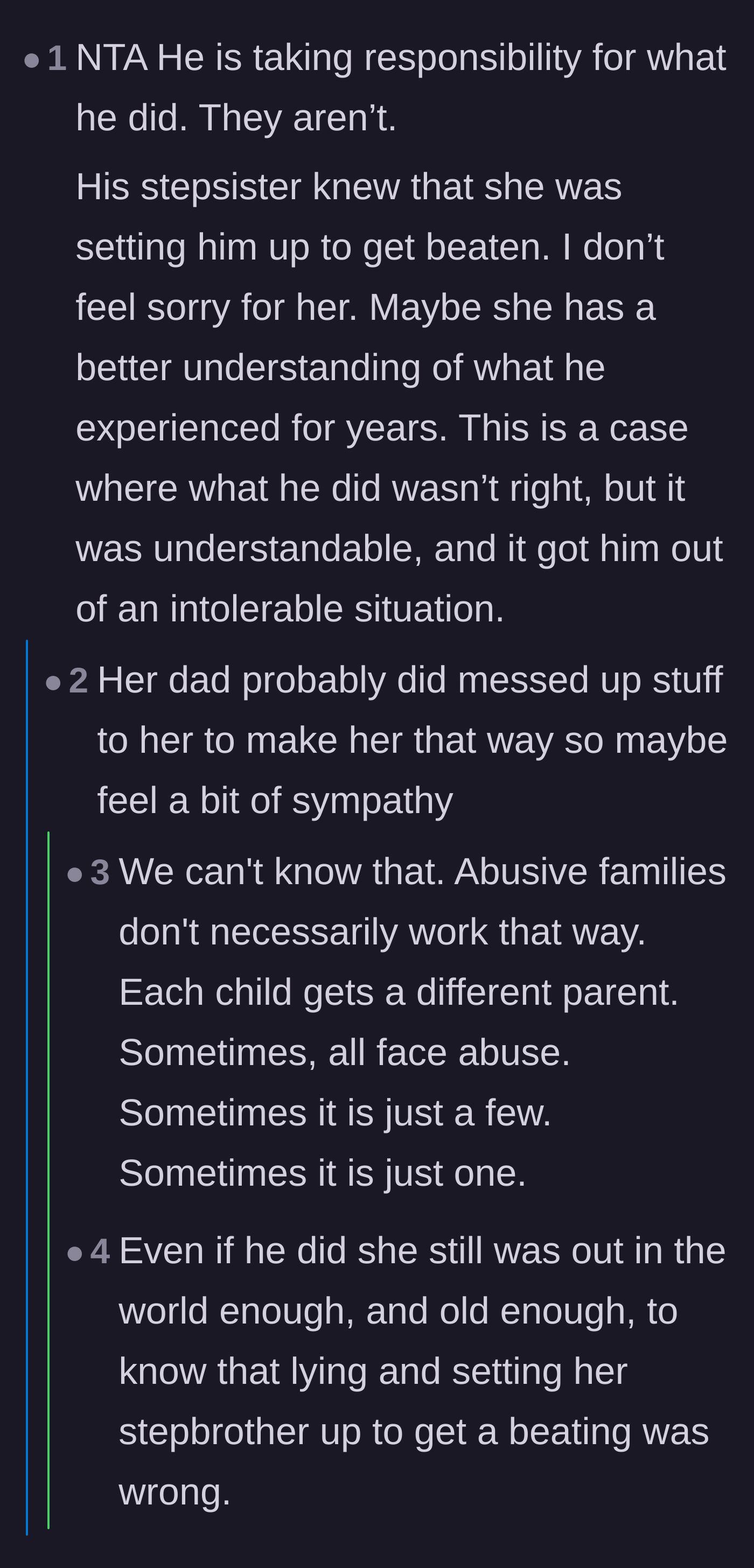 Comment thread 4 - Discussing the stepsister's cruel manipulation and whether her own upbringing excuses her behavior