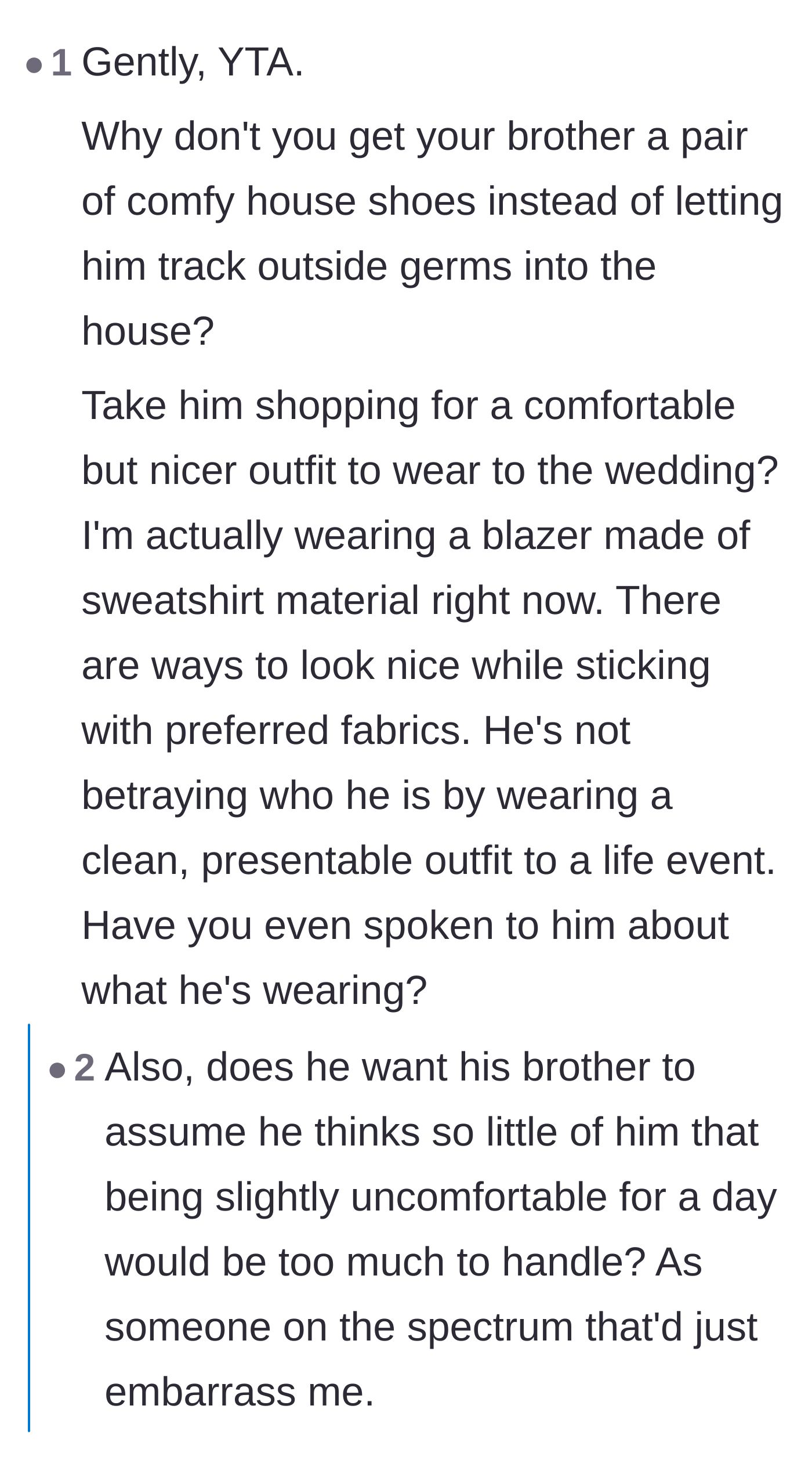 Comment thread 2 - Commenters pointing out that the groom is removing his brother's agency and suggesting comfortable formalwear alternatives.