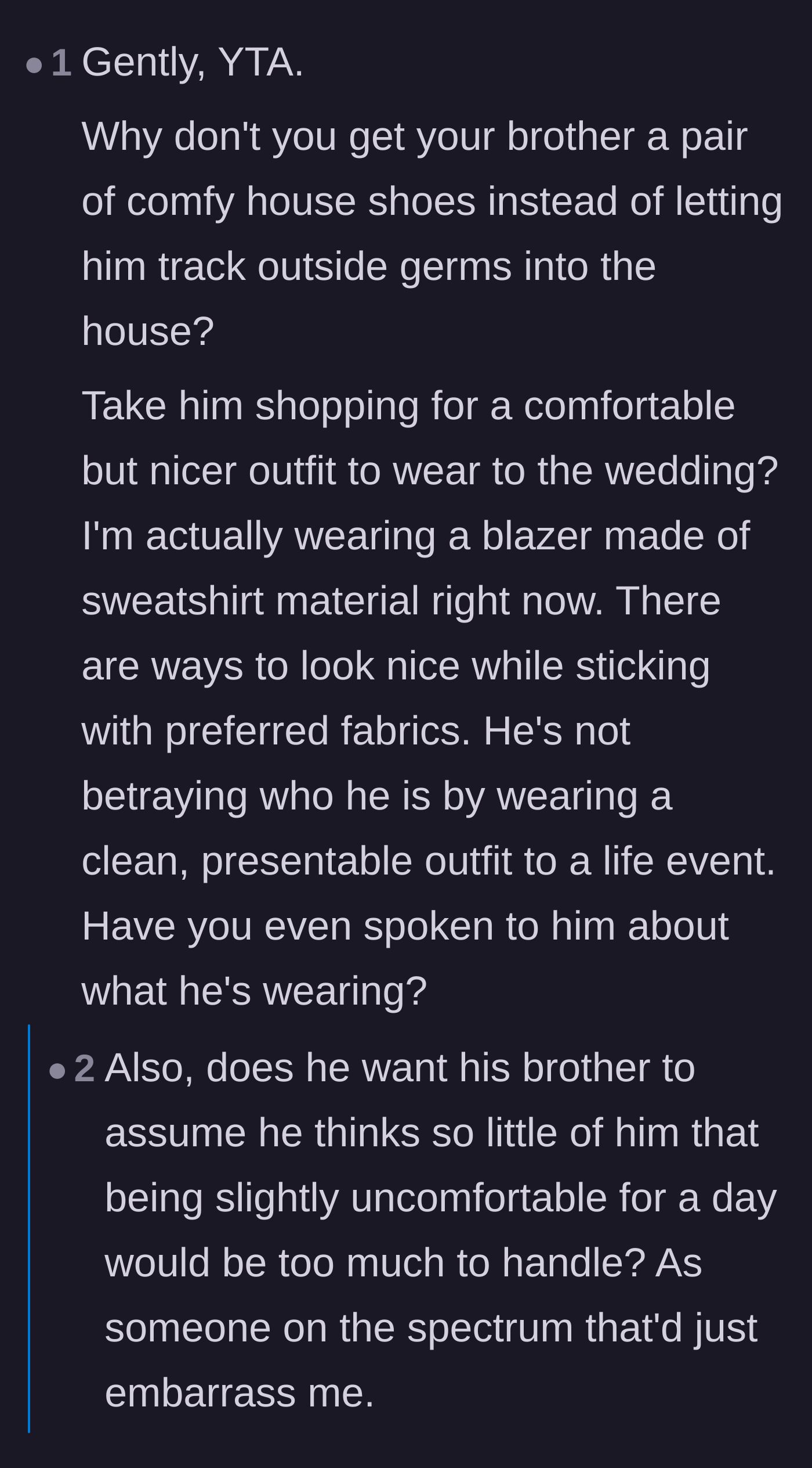 Comment thread 2 - Commenters pointing out that the groom is removing his brother's agency and suggesting comfortable formalwear alternatives.