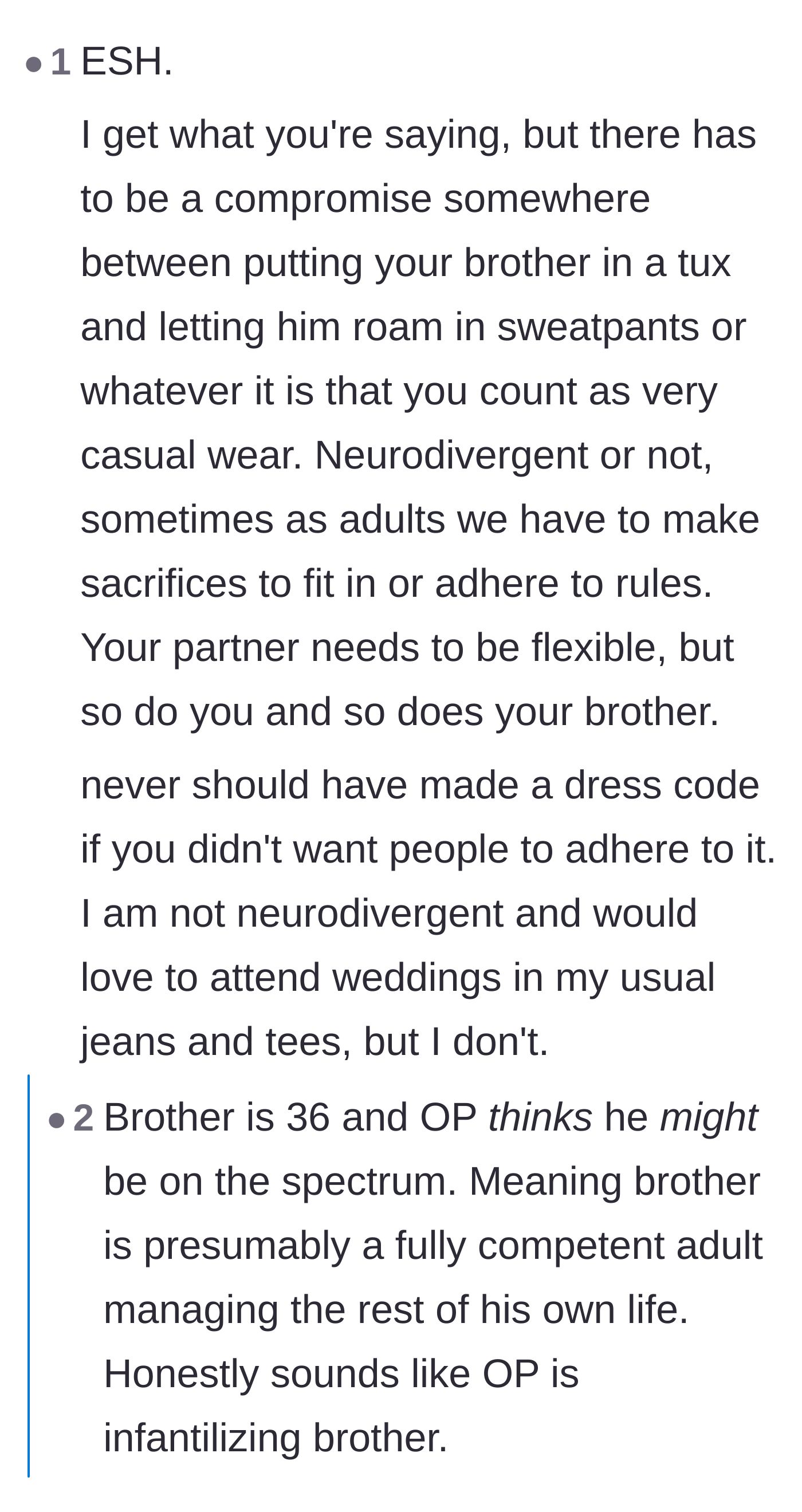 Comment thread 3 - Advice on finding a middle ground, like wearing a suit for photos and changing for the reception.