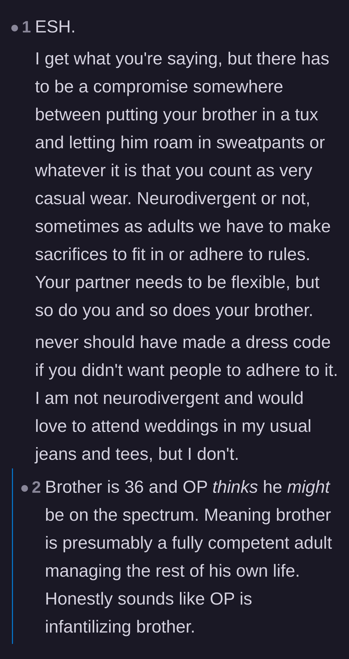 Comment thread 3 - Advice on finding a middle ground, like wearing a suit for photos and changing for the reception.