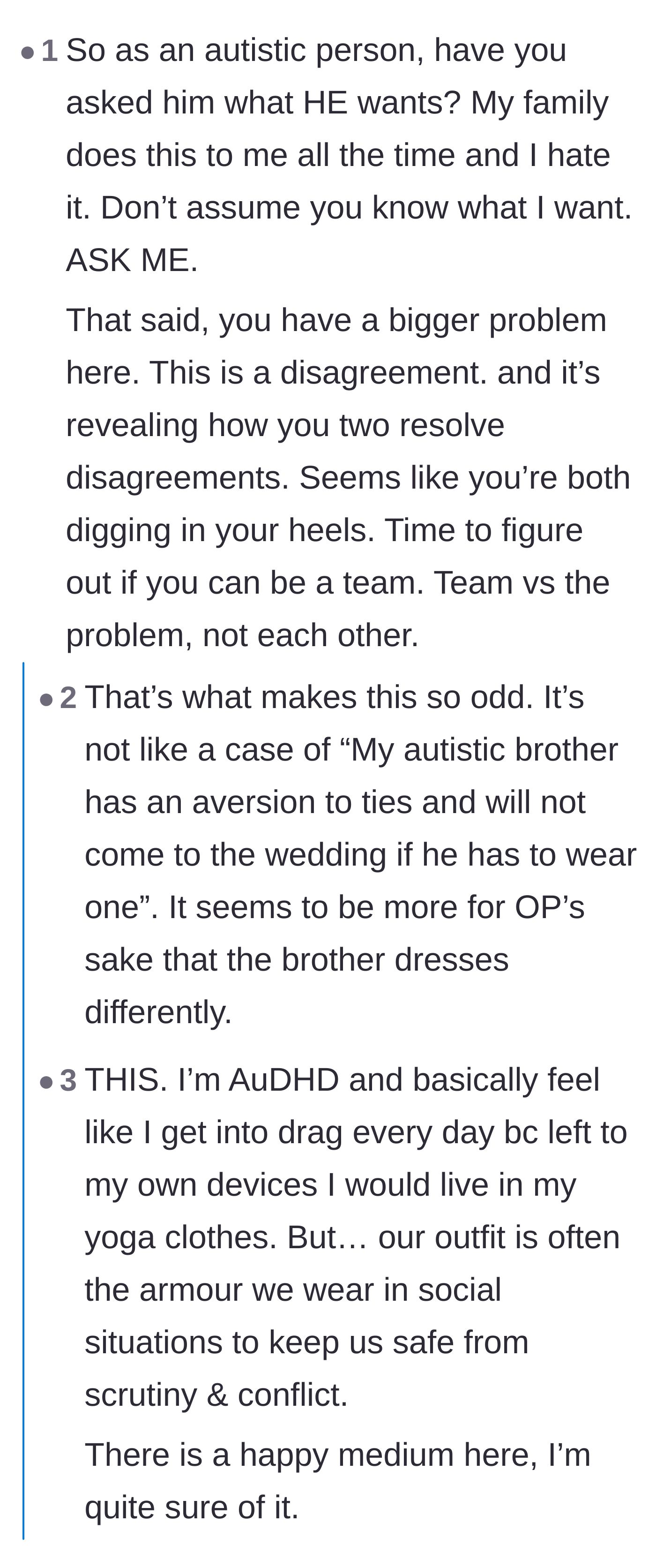 Comment thread 5 - An autistic commenter emphasizing the importance of asking the brother what he wants rather than making assumptions.