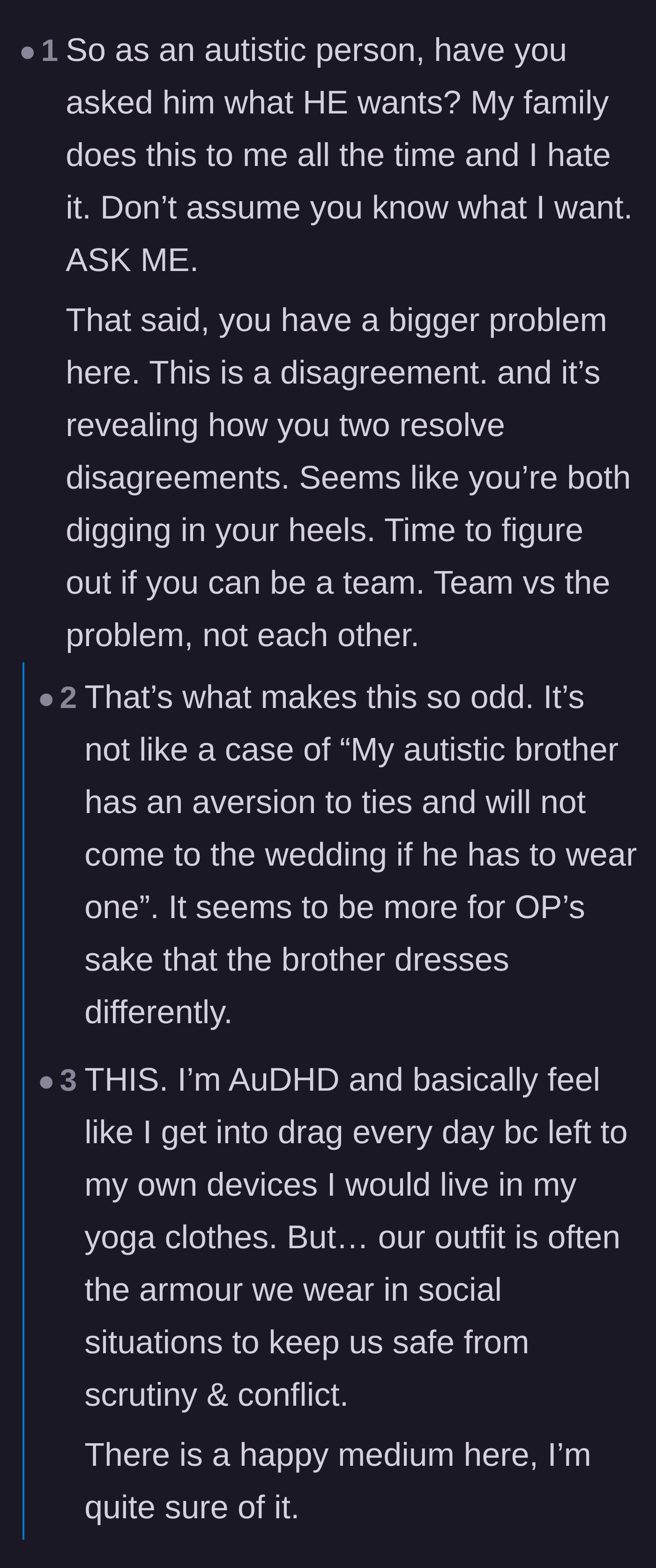 Comment thread 5 - An autistic commenter emphasizing the importance of asking the brother what he wants rather than making assumptions.