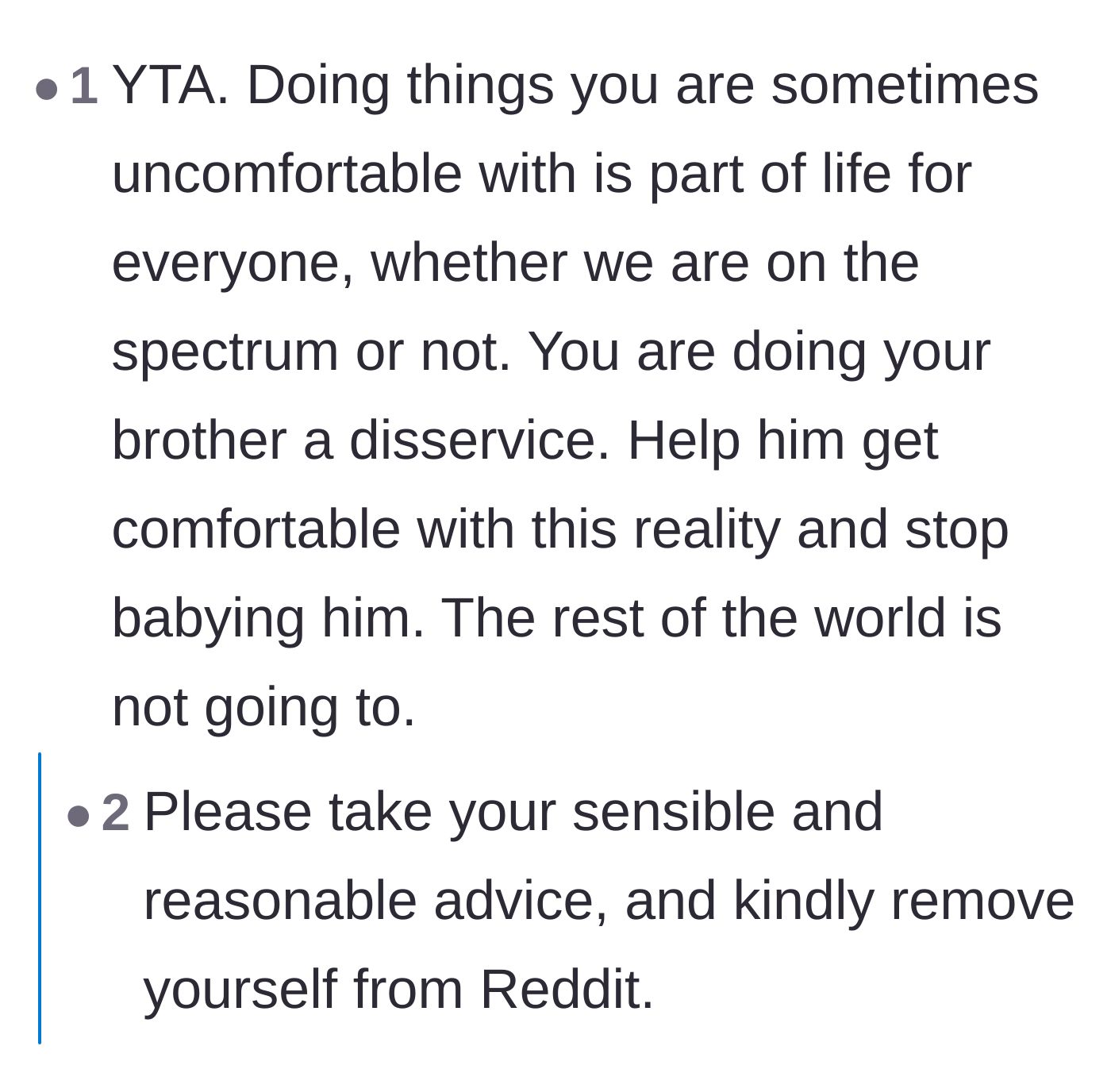 Comment thread 6 - A blunt comment telling the groom to stop babying his brother because temporary discomfort is a normal part of life.