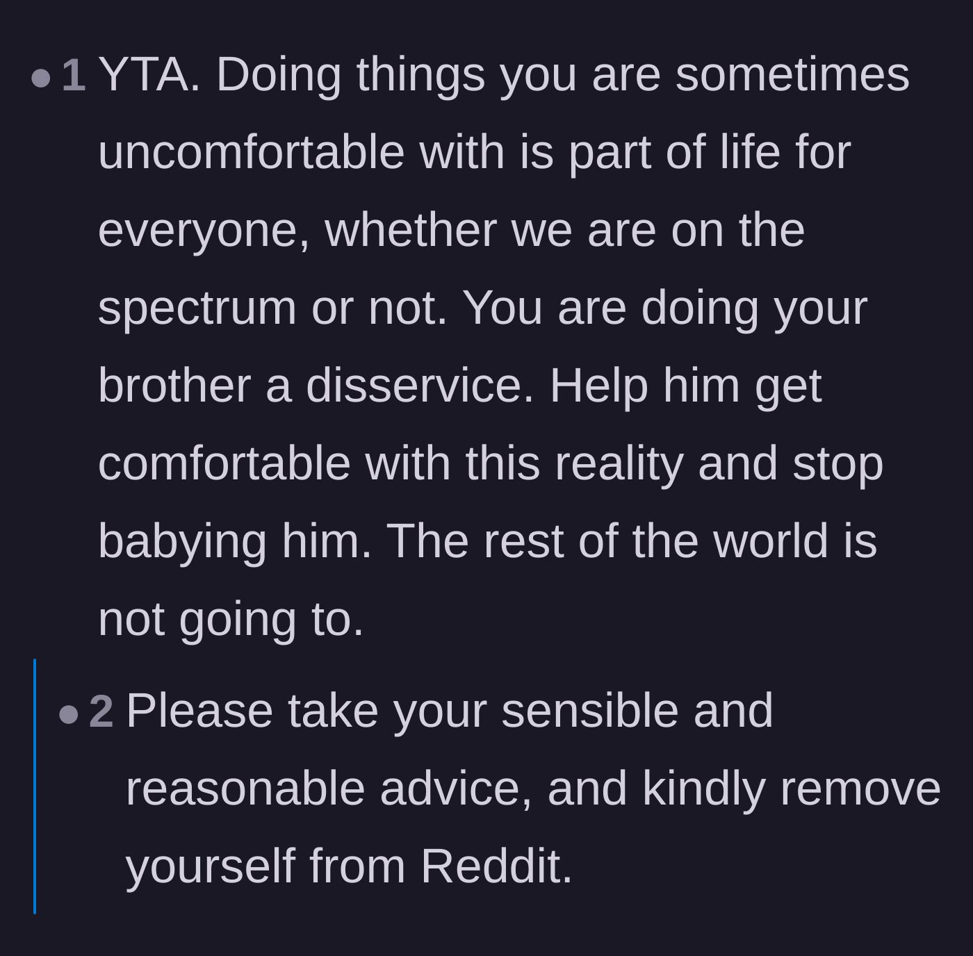 Comment thread 6 - A blunt comment telling the groom to stop babying his brother because temporary discomfort is a normal part of life.