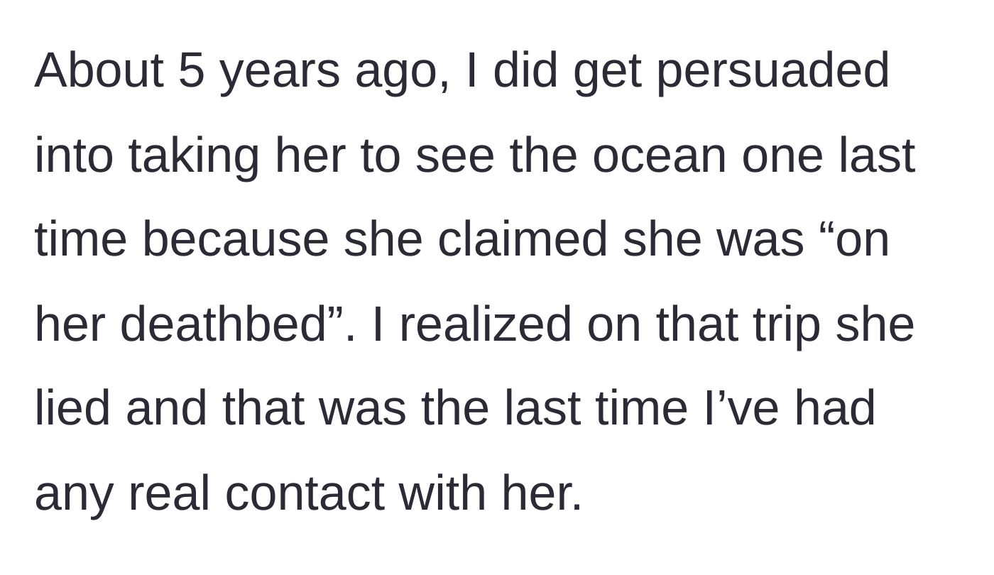 Story part 3 - The host recalls how their sister faked being on her deathbed five years ago just to get a free trip to the ocean.