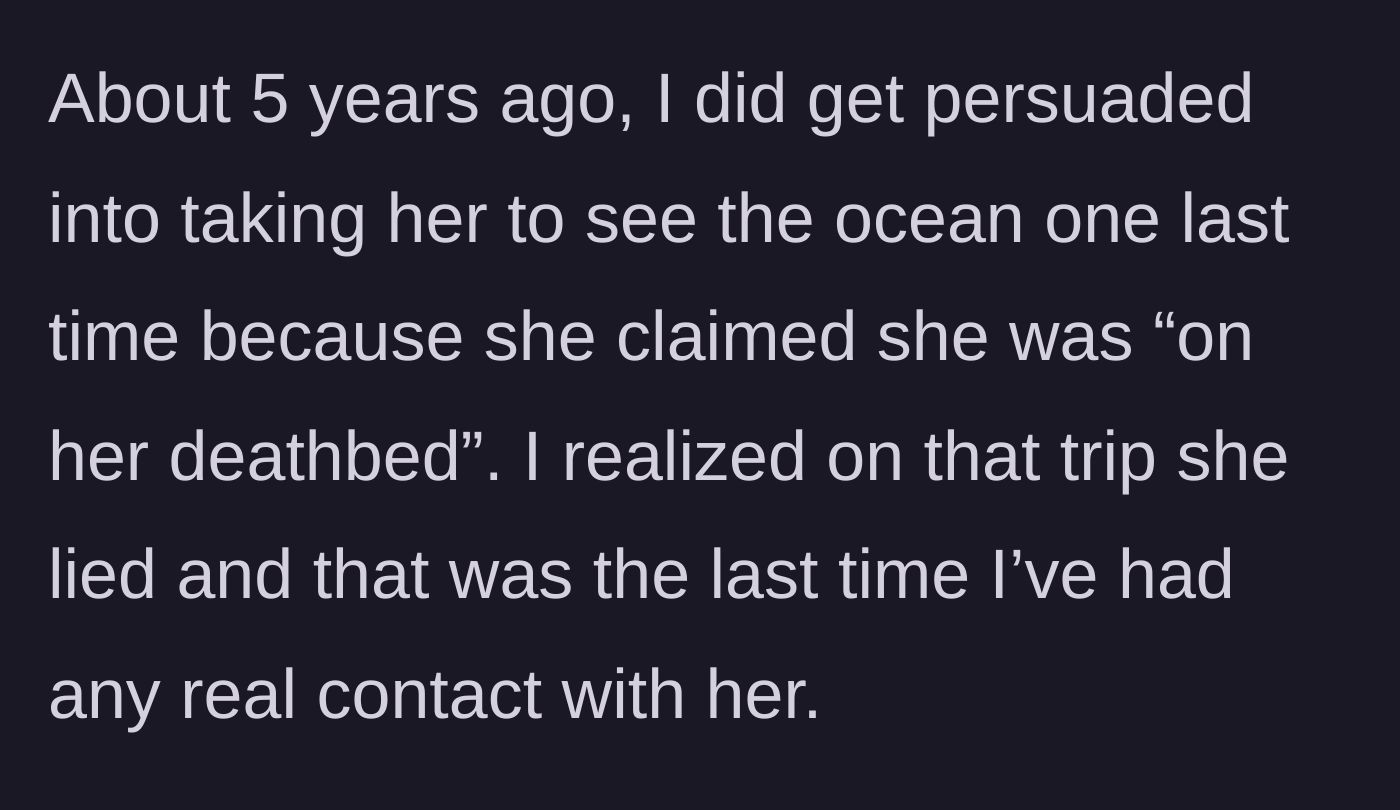 Story part 3 - The host recalls how their sister faked being on her deathbed five years ago just to get a free trip to the ocean.
