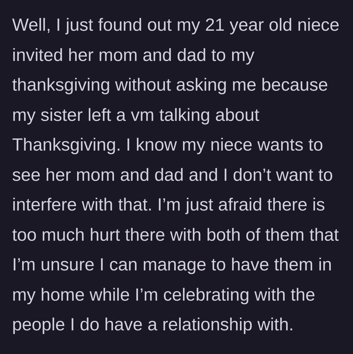 Story part 4 - The host discovers that their 21-year-old niece invited her estranged mother and father to Thanksgiving dinner after receiving a manipulative voicemail.