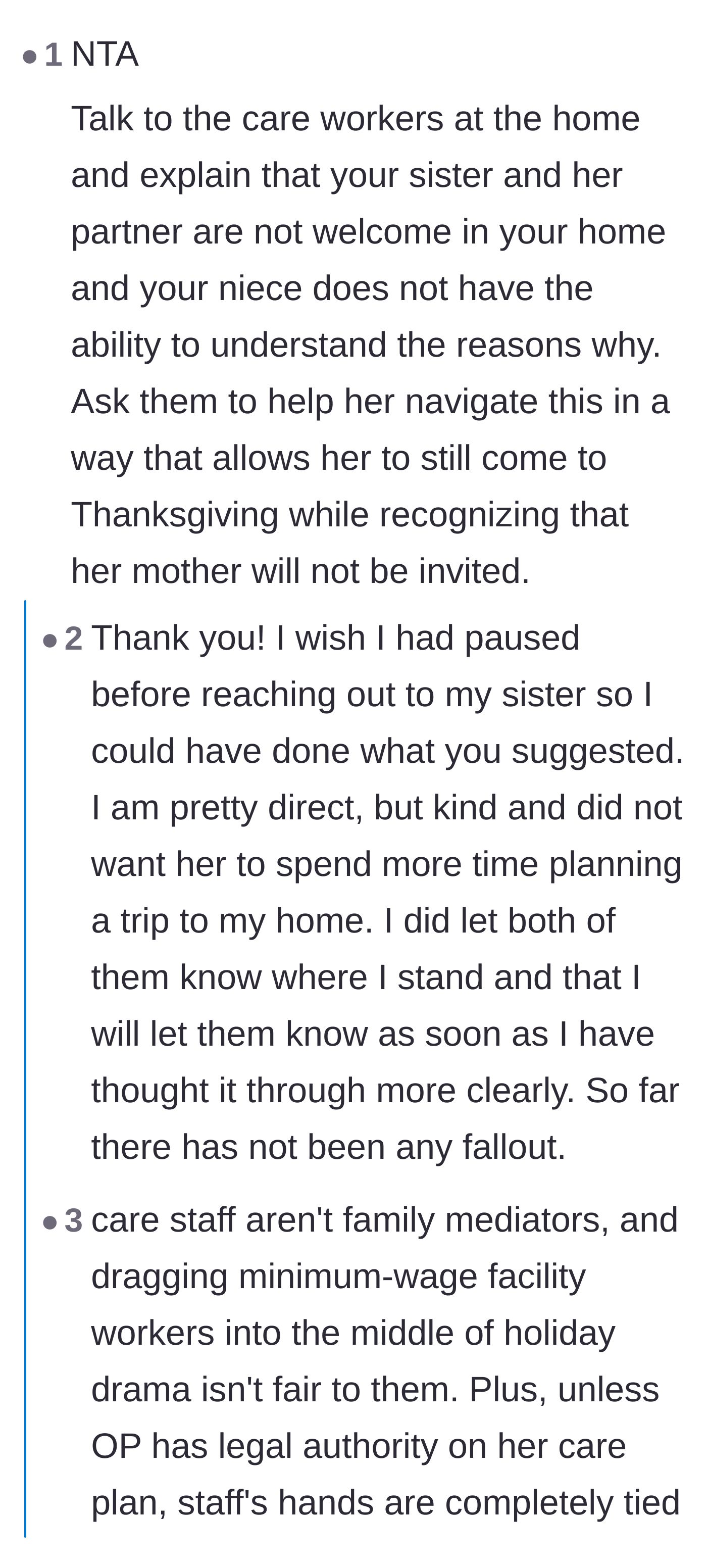 Comment thread 1 - A debate over whether to ask the group home care staff to help the niece process the uninvitation, featuring insight from a veteran group home worker.