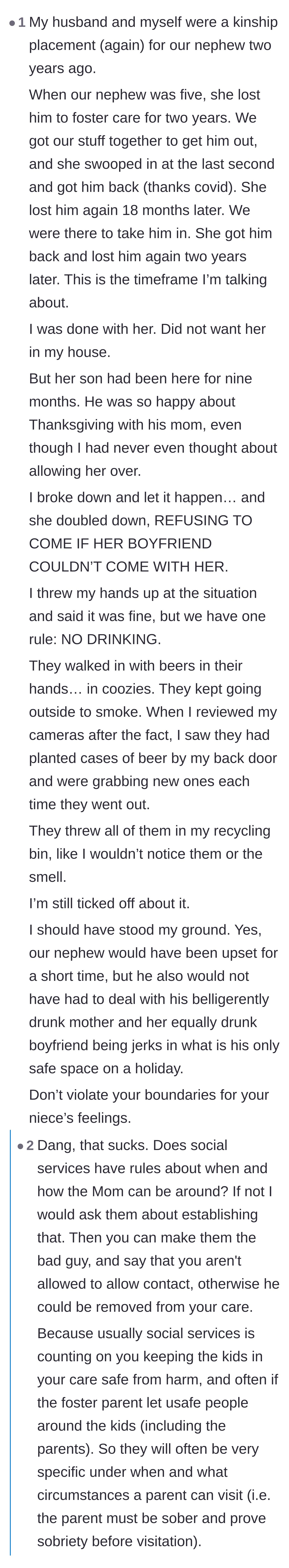 Comment thread 2 - A fellow kinship foster caregiver shares a cautionary tale about letting an addicted relative ruin Thanksgiving and manipulate the child welfare system.