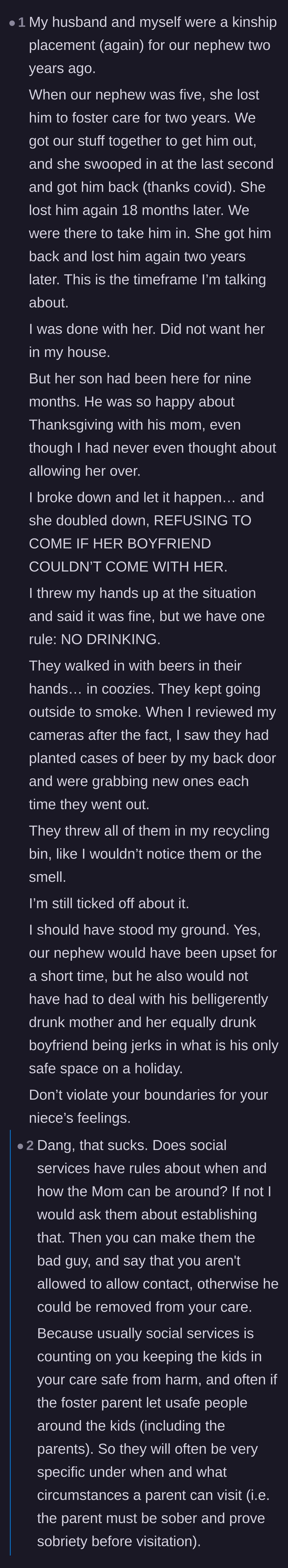 Comment thread 2 - A fellow kinship foster caregiver shares a cautionary tale about letting an addicted relative ruin Thanksgiving and manipulate the child welfare system.