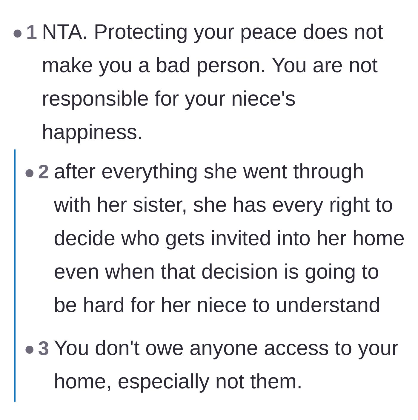 Comment thread 3 - Commenters reassuring the host that protecting their peace and home after decades of trauma does not make them a bad person.