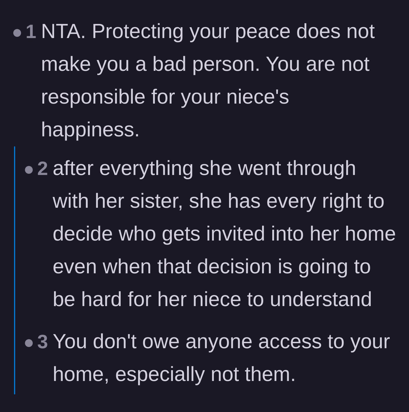 Comment thread 3 - Commenters reassuring the host that protecting their peace and home after decades of trauma does not make them a bad person.