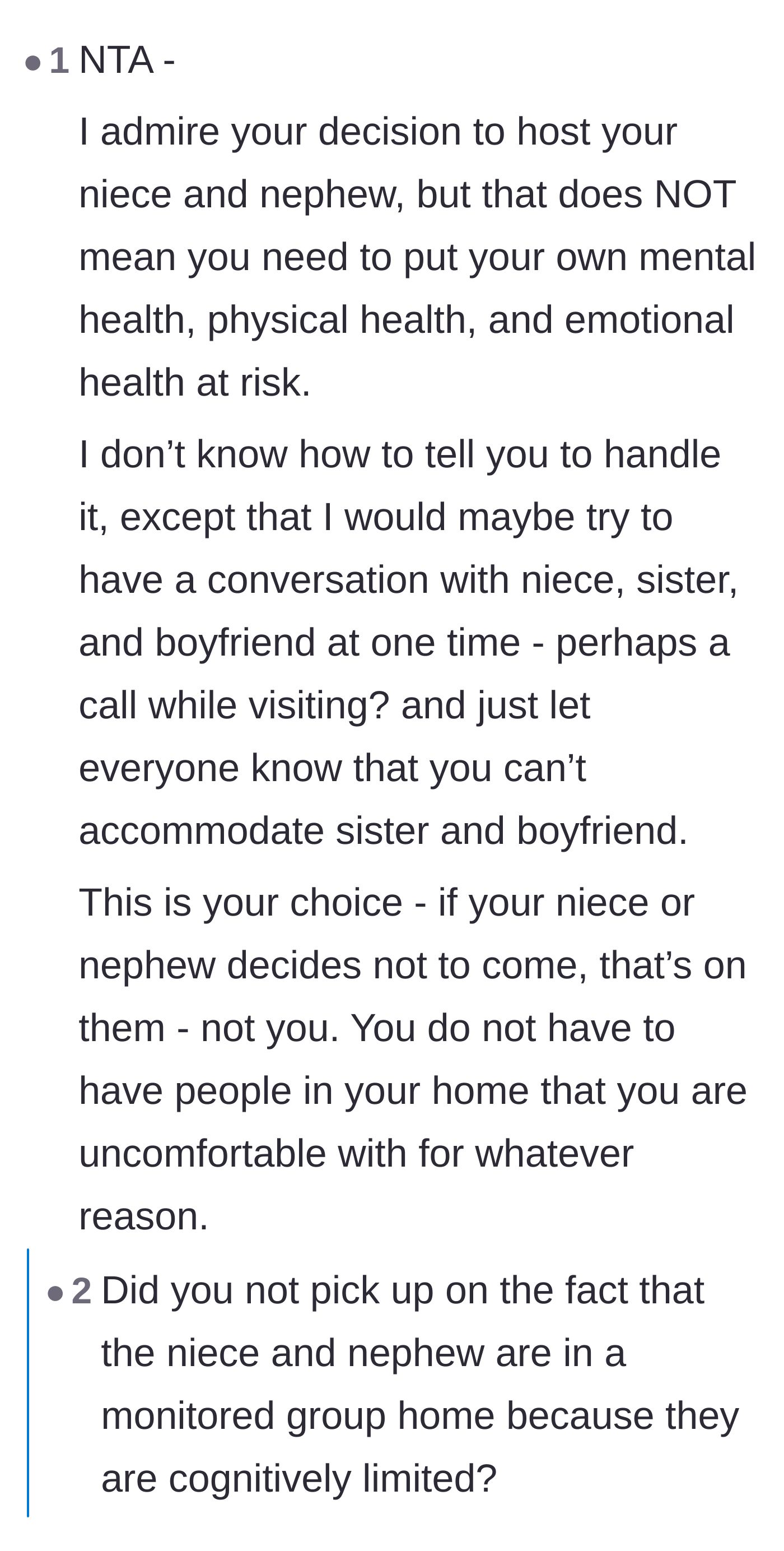 Comment thread 4 - A heated debate over whether to hold a group phone call with the niece and her mother, discussing autonomy for adults with cognitive disabilities.