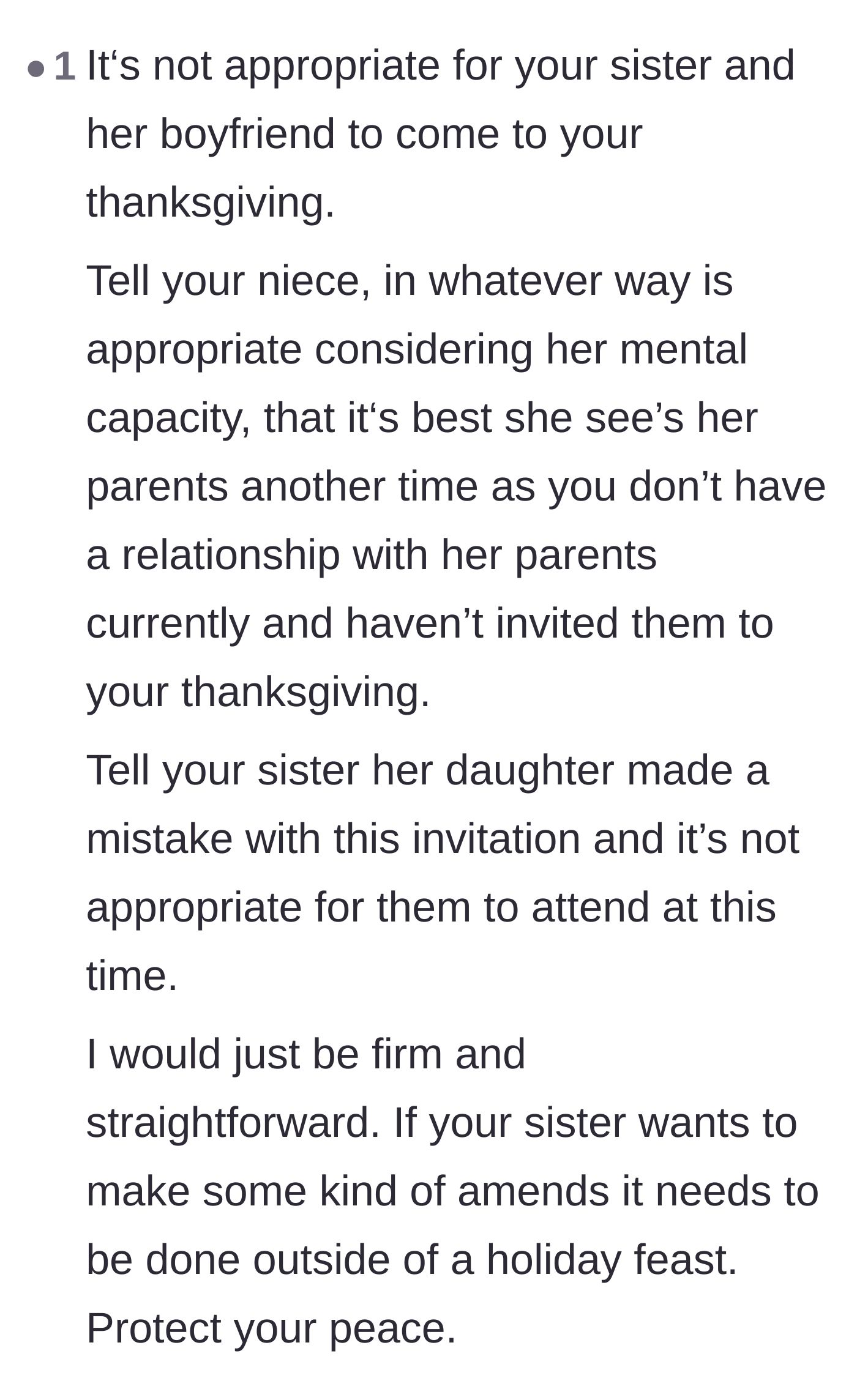 Comment thread 5 - Advice on gently explaining the mistake to the niece while firmly telling the sister that a holiday feast is not the place for amends.