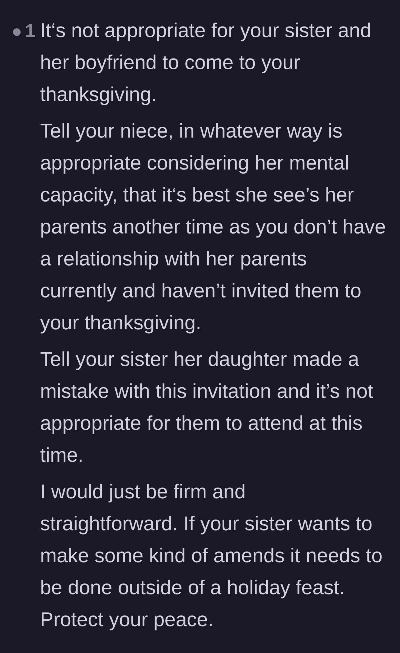 Comment thread 5 - Advice on gently explaining the mistake to the niece while firmly telling the sister that a holiday feast is not the place for amends.