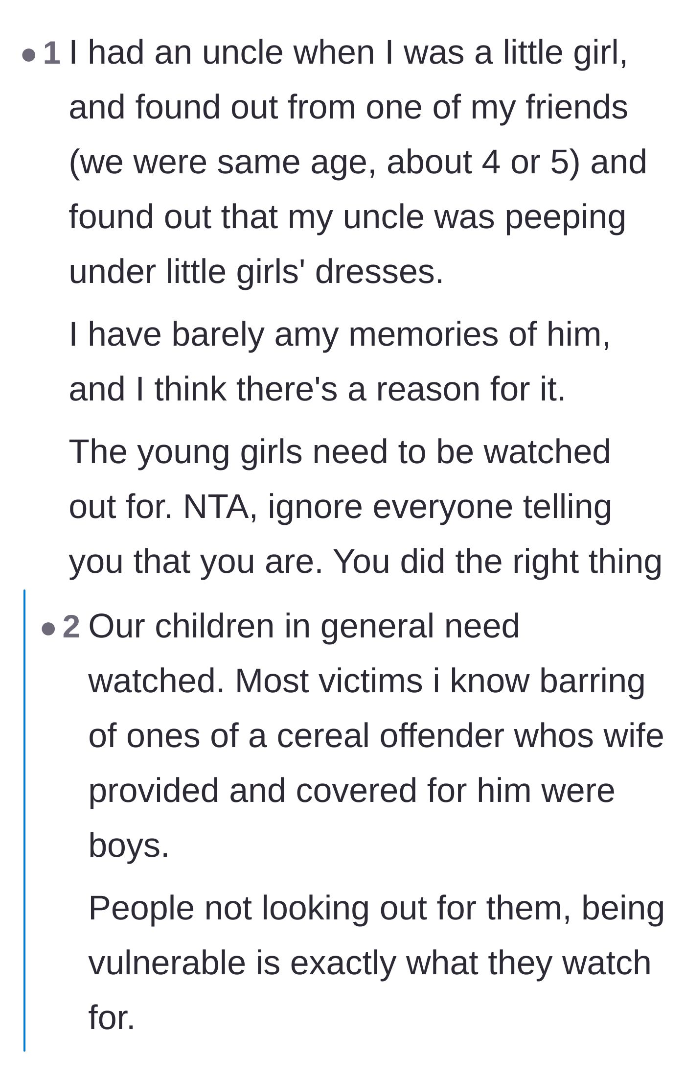 Comment thread 3 - A commenter shares a heartbreaking personal anecdote about their own creepy uncle.