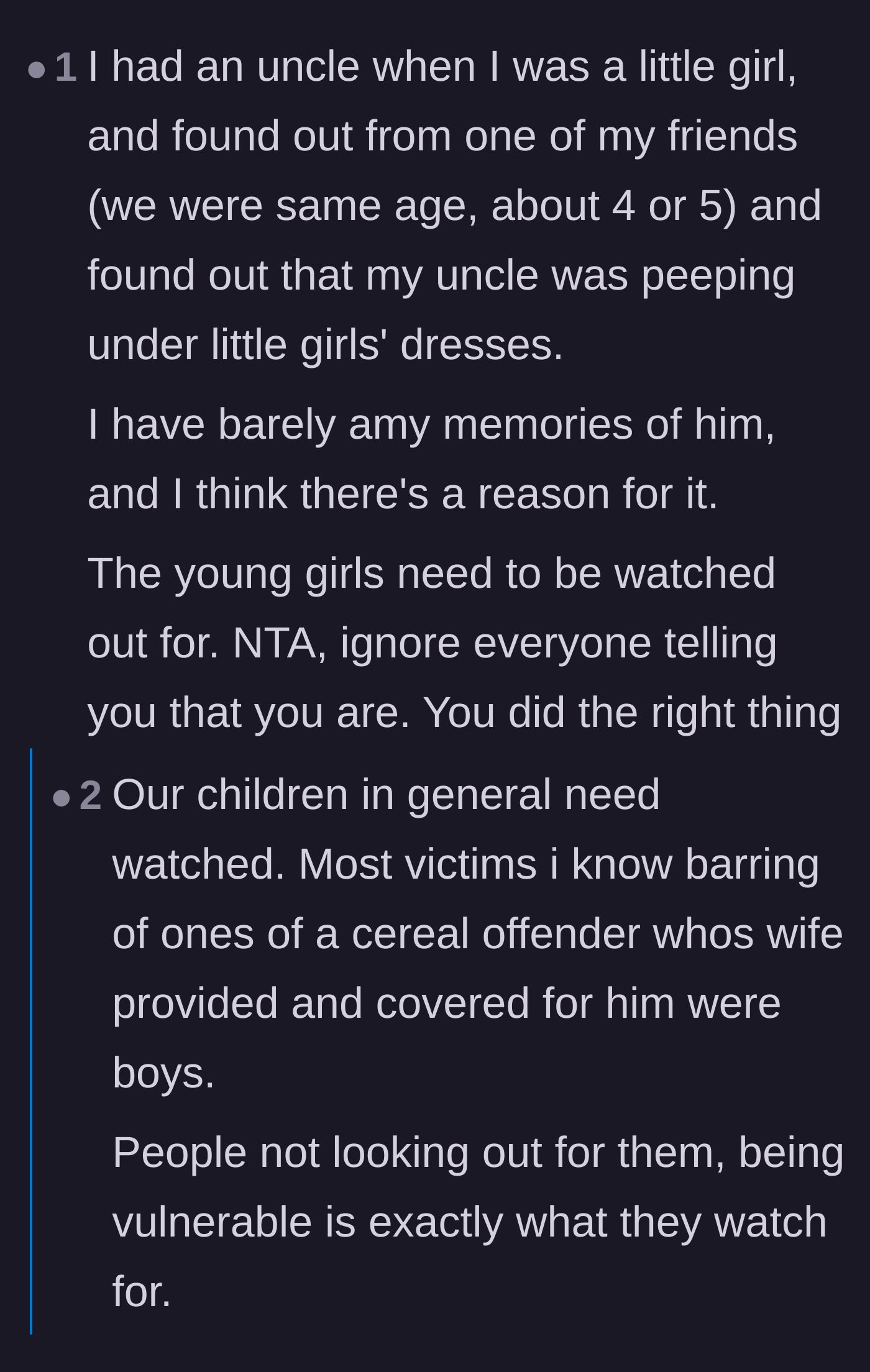 Comment thread 3 - A commenter shares a heartbreaking personal anecdote about their own creepy uncle.