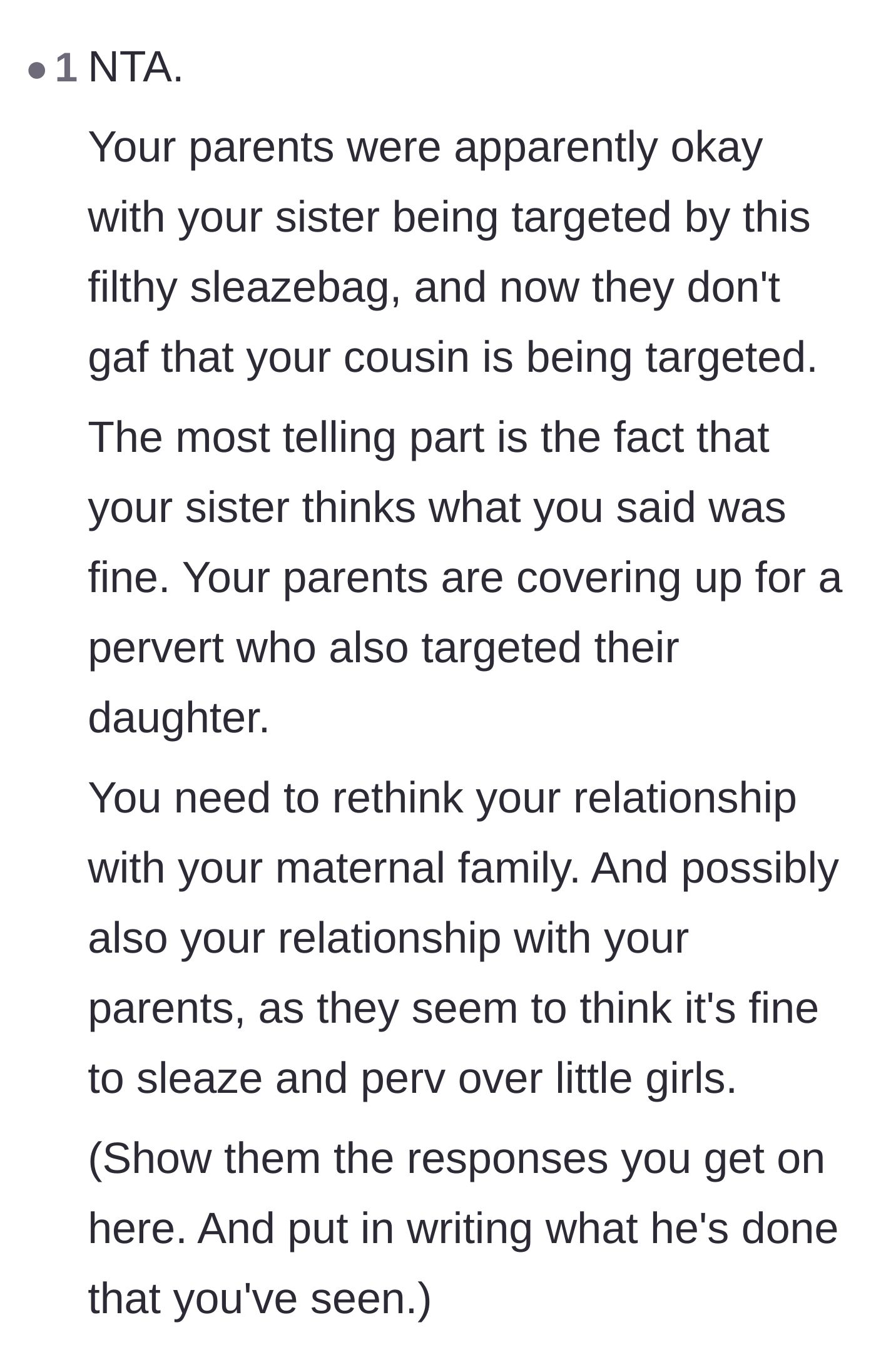 Comment thread 5 - Pointing out the parents' failure to protect their own daughter and suggesting going no-contact.