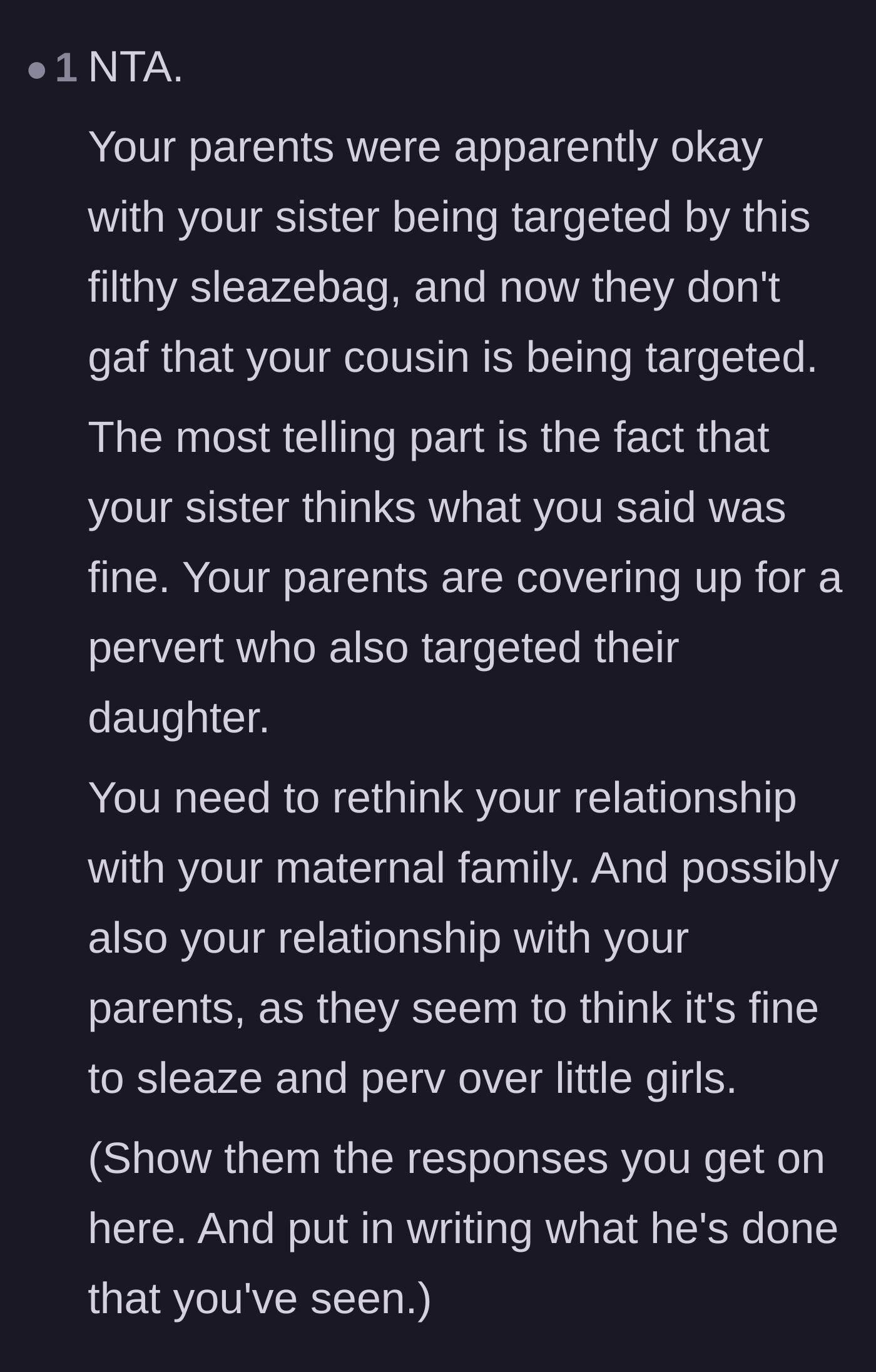 Comment thread 5 - Pointing out the parents' failure to protect their own daughter and suggesting going no-contact.