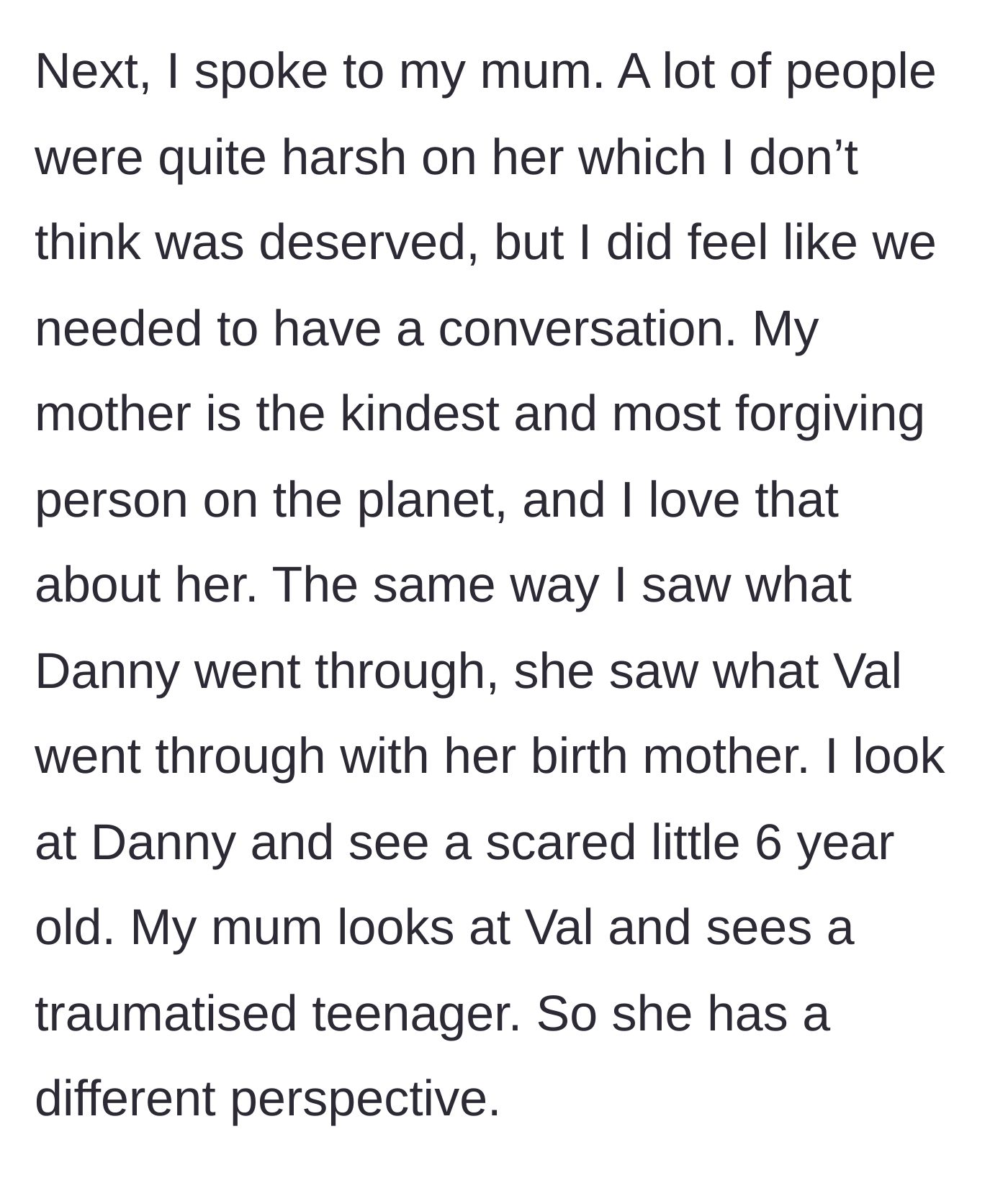 Story part 2 - The main character talks to her mother, reflecting on their differing perspectives of the sister and the child.