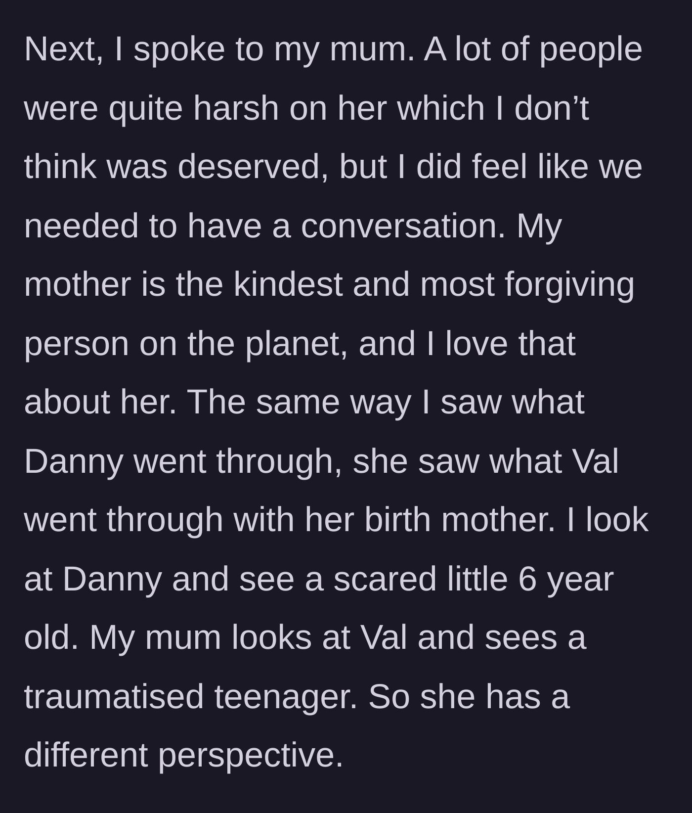 Story part 2 - The main character talks to her mother, reflecting on their differing perspectives of the sister and the child.