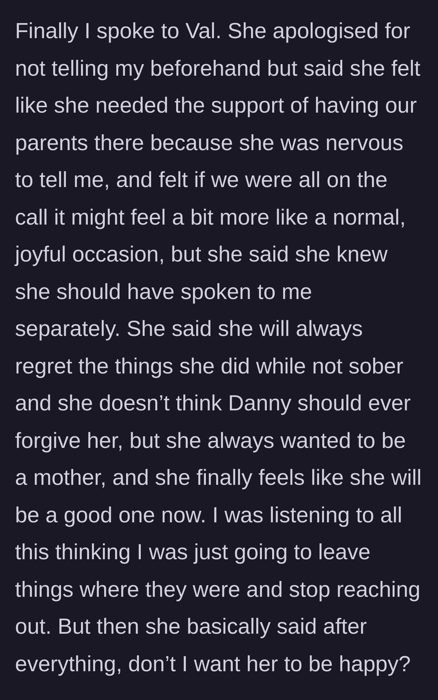 Story part 4 - The sister explains her actions, admits past wrongs, but asks if the main character wants her to be happy.