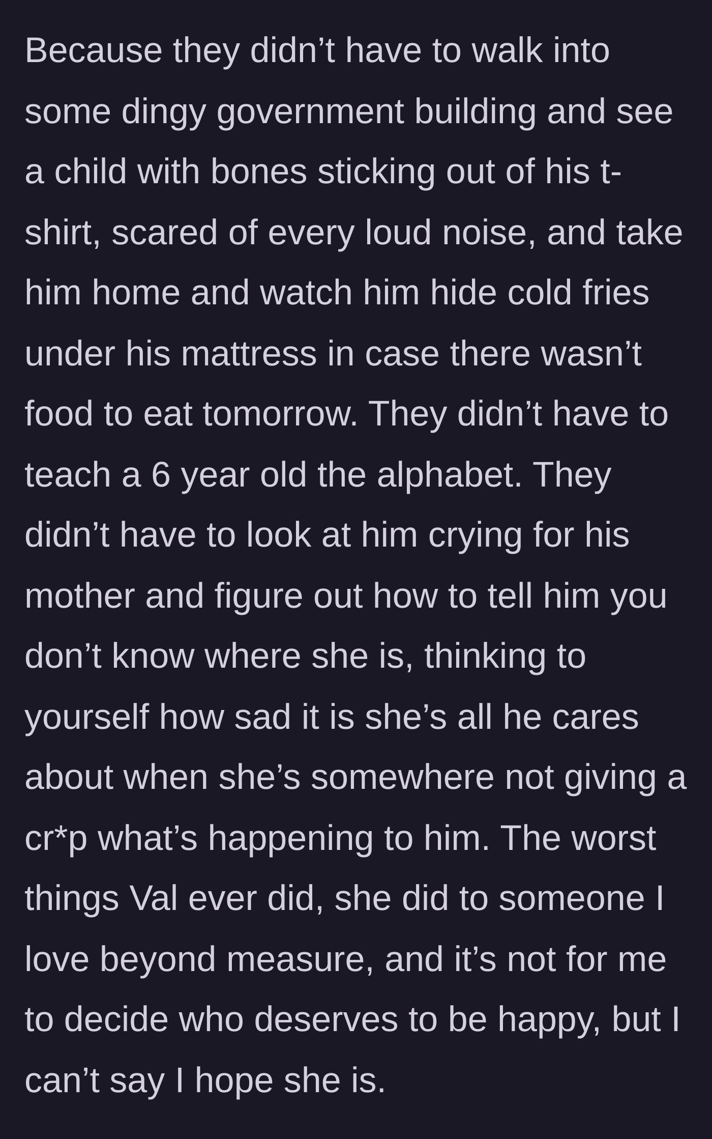 Story part 6 - A heartbreaking flashback describing the severely neglected and malnourished six-year-old boy hoarding food.