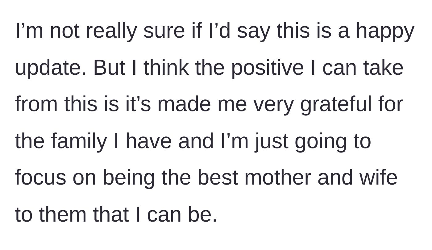 Story part 9 - The main character reflects on the estrangement, expressing gratitude for her immediate family.