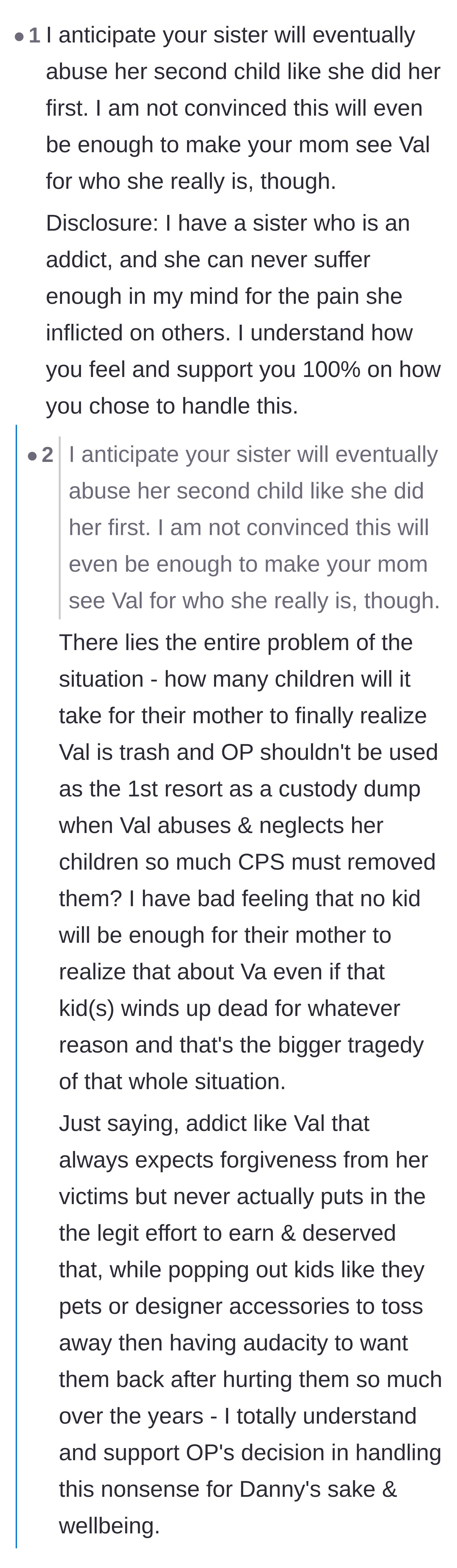 Comment thread 5 - Fellow survivors share painful personal stories about addicts having replacement children without taking accountability.