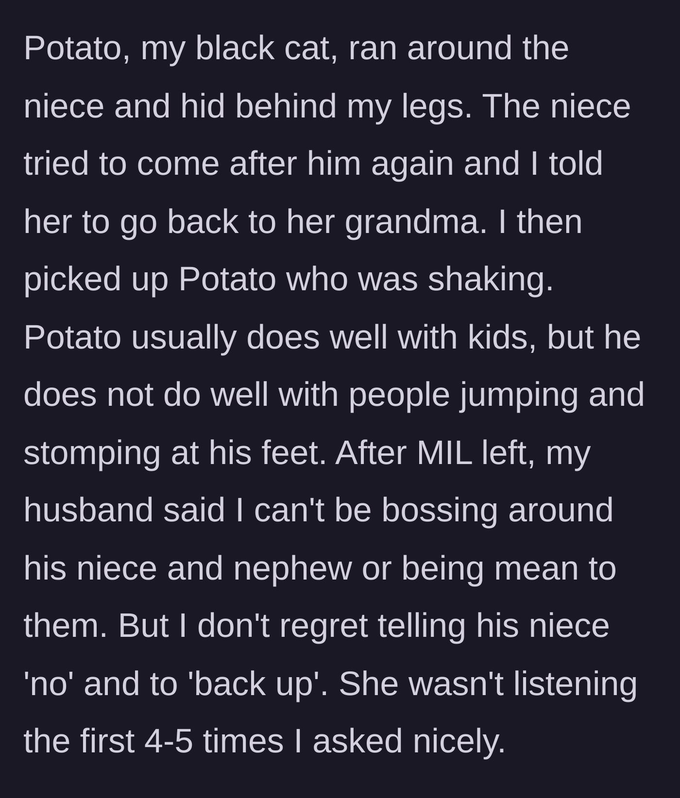 Story part 4 - The terrified cat hides behind the homeowner's legs, and she scoops him up, refusing to back down when her husband scolds her again later.