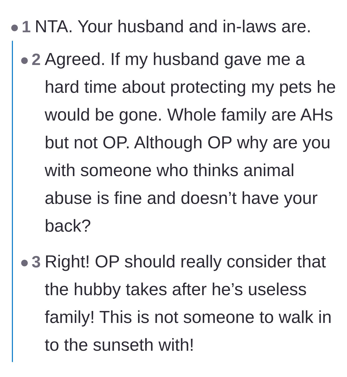Comment thread 3 - Debating the husband's alarming dismissiveness toward animal abuse when it involves a cat instead of his dog.