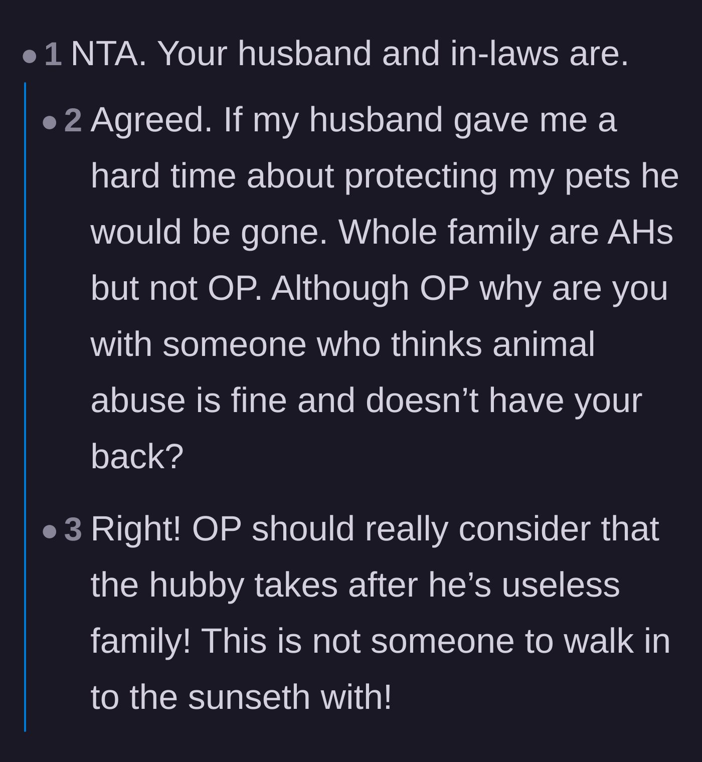 Comment thread 3 - Debating the husband's alarming dismissiveness toward animal abuse when it involves a cat instead of his dog.