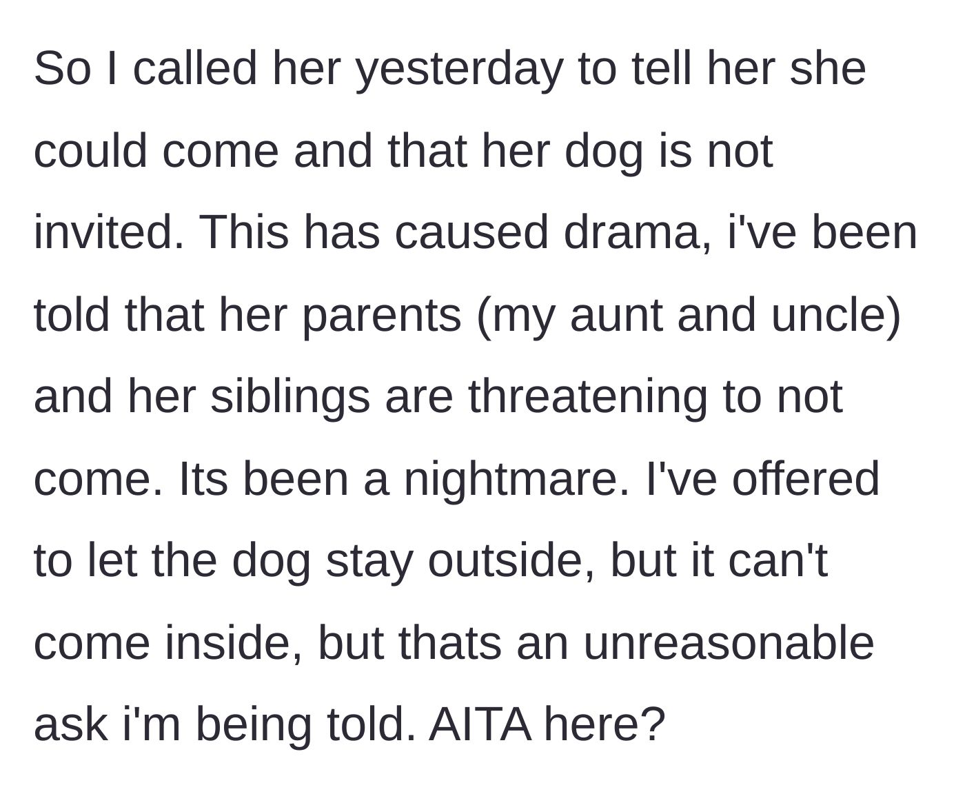Story part 4 - Host bans the dog, causing the aunt, uncle, and cousins to threaten a family boycott despite a compromise to keep the dog outside.
