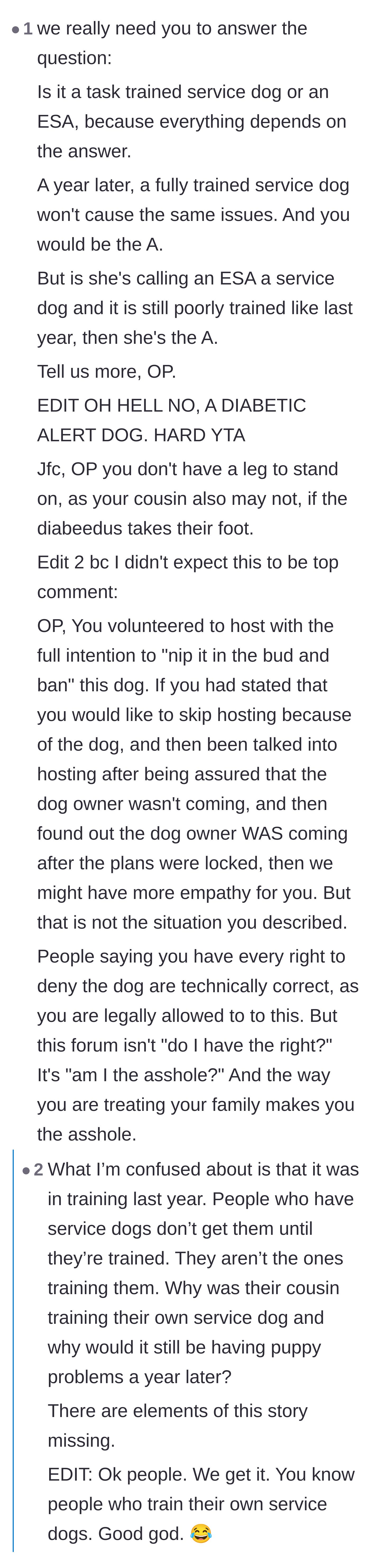 Comment thread 1 - Users debating the difference between a legitimate service dog and an untrained emotional support animal.
