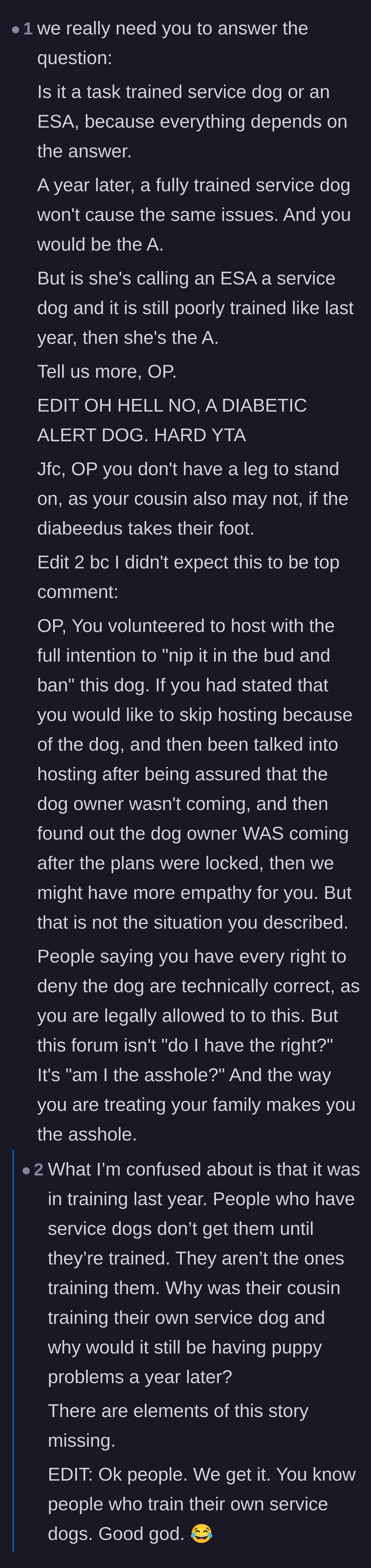 Comment thread 1 - Users debating the difference between a legitimate service dog and an untrained emotional support animal.