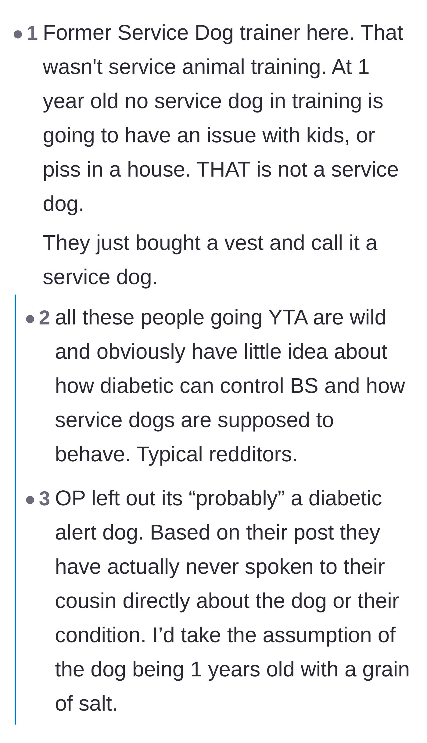 Comment thread 3 - A former service dog trainer explaining that a real service animal would never urinate indoors or bother children.