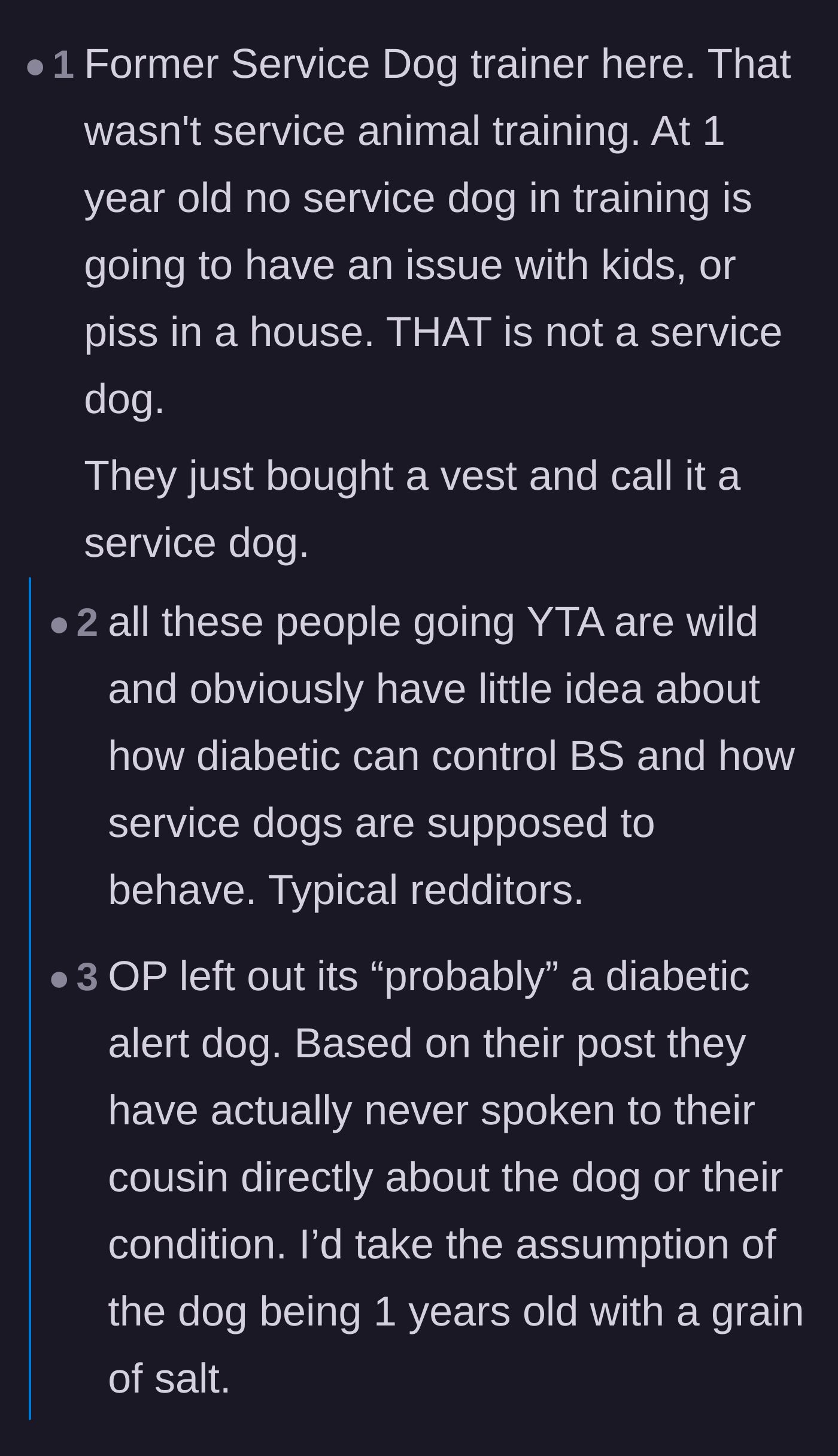 Comment thread 3 - A former service dog trainer explaining that a real service animal would never urinate indoors or bother children.
